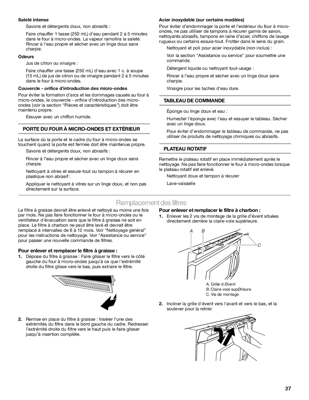 IKEA IMH15, IMH16 manual Remplacement des filtres, Pour enlever et remplacer le filtre à graisse 