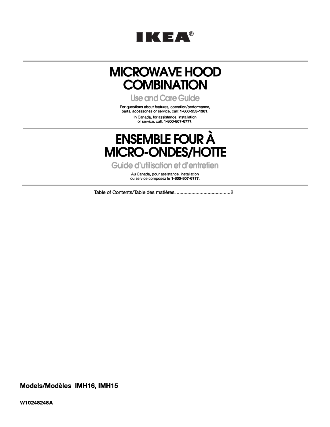 IKEA IMH15, IMH16 manual W10248248A, Microwave Hood Combination, Ensemble Four À Micro-Ondes/Hotte, Use and Care Guide 