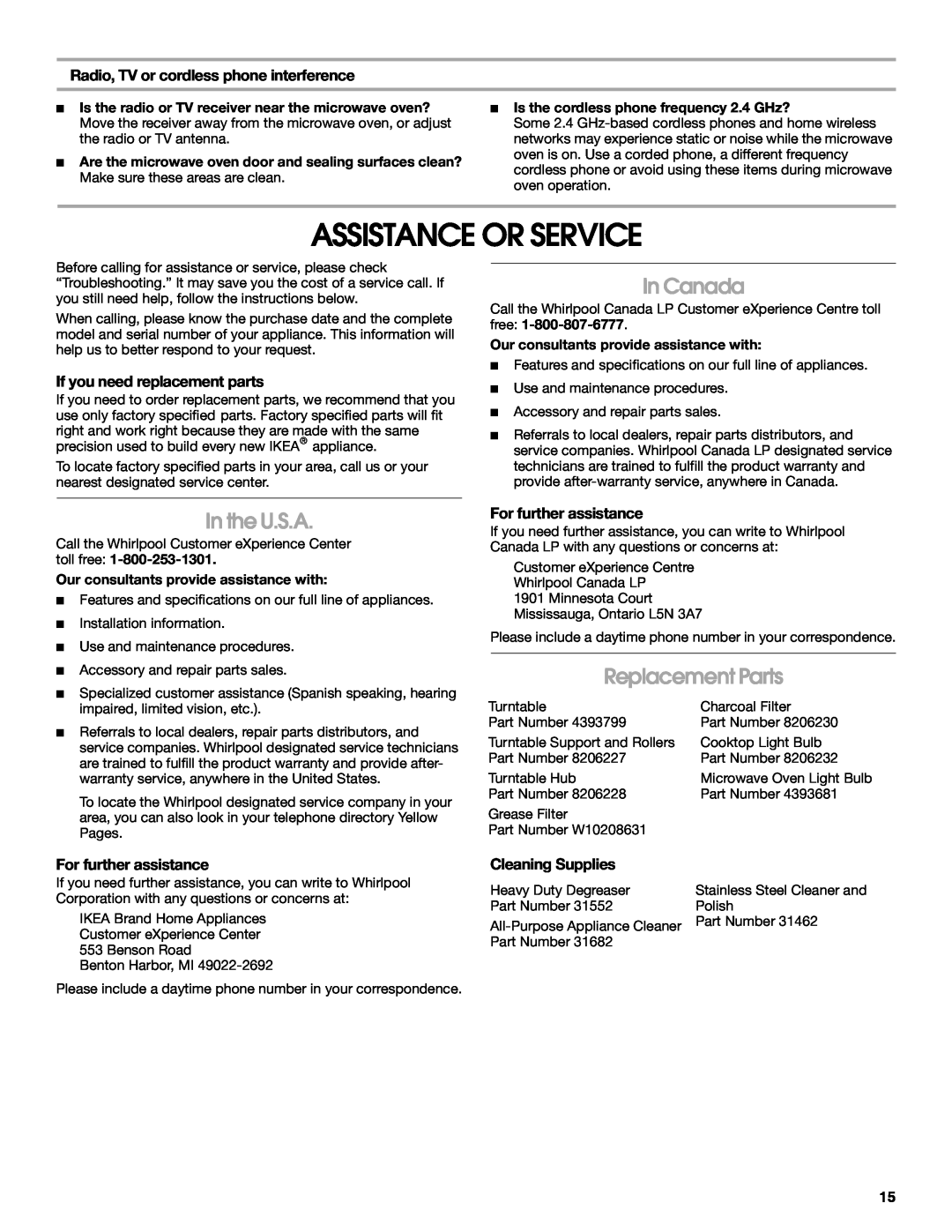 IKEA IMH15 Assistance Or Service, In Canada, In the U.S.A, Replacement Parts, Radio, TV or cordless phone interference 