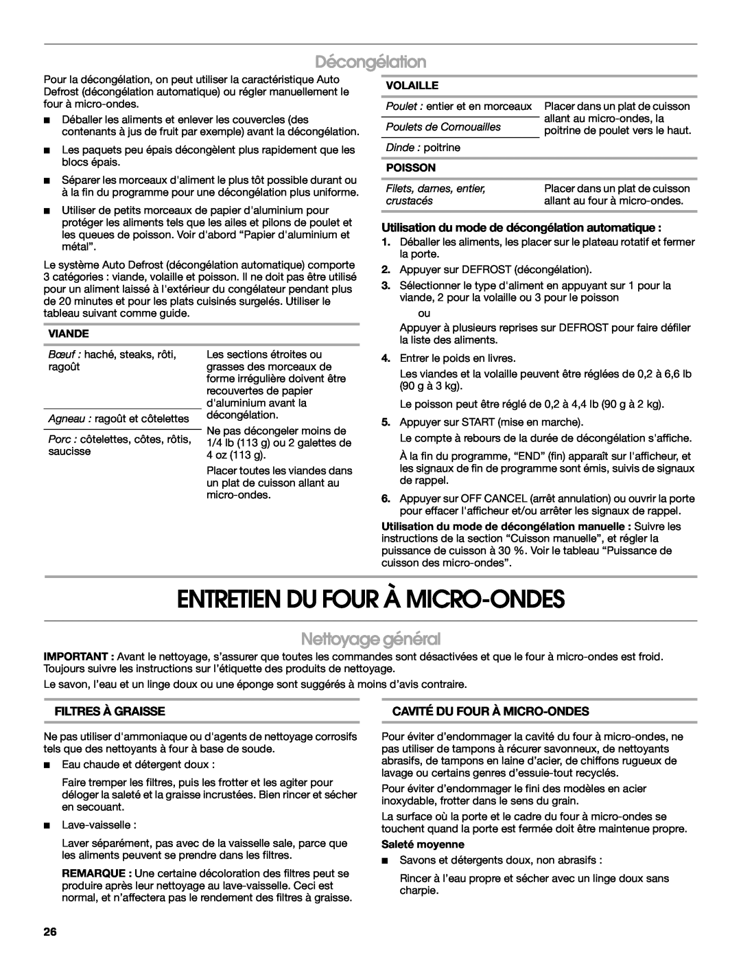 IKEA IMH16, IMH15 manual Entretien Du Four À Micro-Ondes, Décongélation, Nettoyage général, Filtres À Graisse, Poisson 