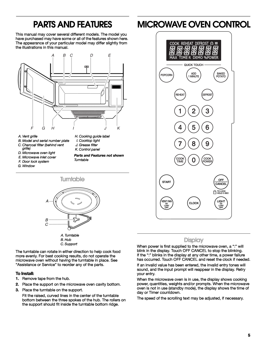 IKEA IMH15, IMH16 manual Parts And Features, Microwave Oven Control, Turntable, Display, To Install, A B C 