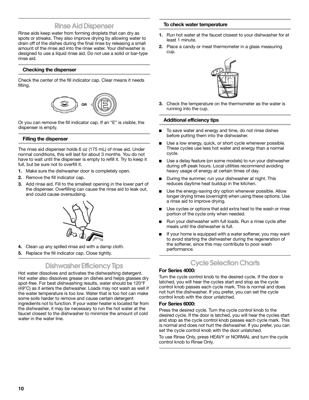 IKEA IUD4000S, IUD6000S manual Rinse Aid Dispenser, Dishwasher Efficiency Tips, Cycle Selection Charts 