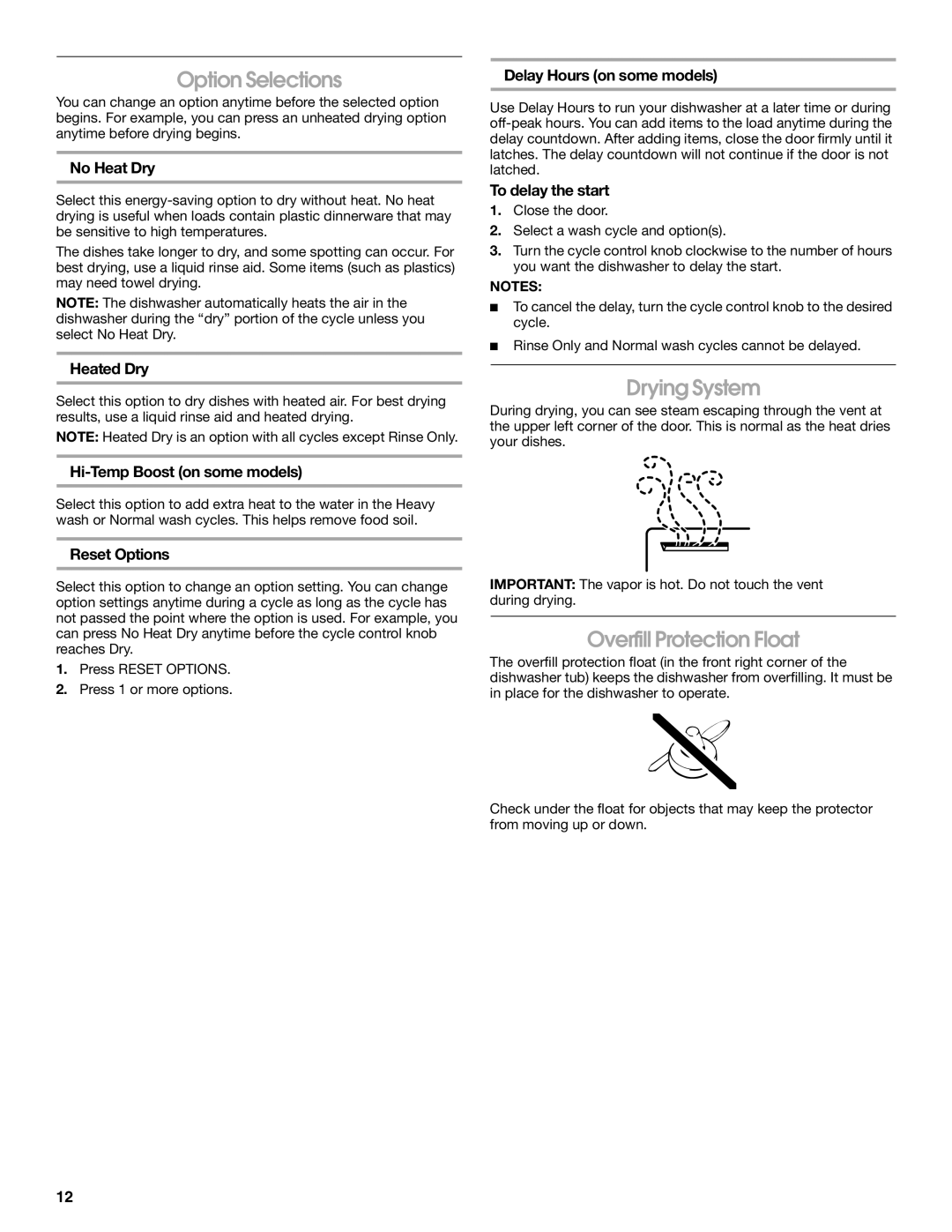 IKEA IUD4000S, IUD6000S manual Option Selections, Drying System, Overfill Protection Float 