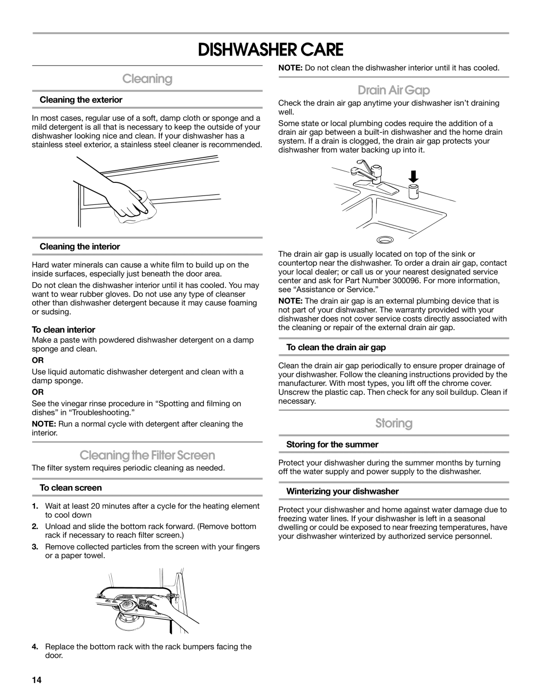 IKEA IUD4000S, IUD6000S manual Dishwasher Care, Cleaning the Filter Screen, Drain Air Gap, Storing 