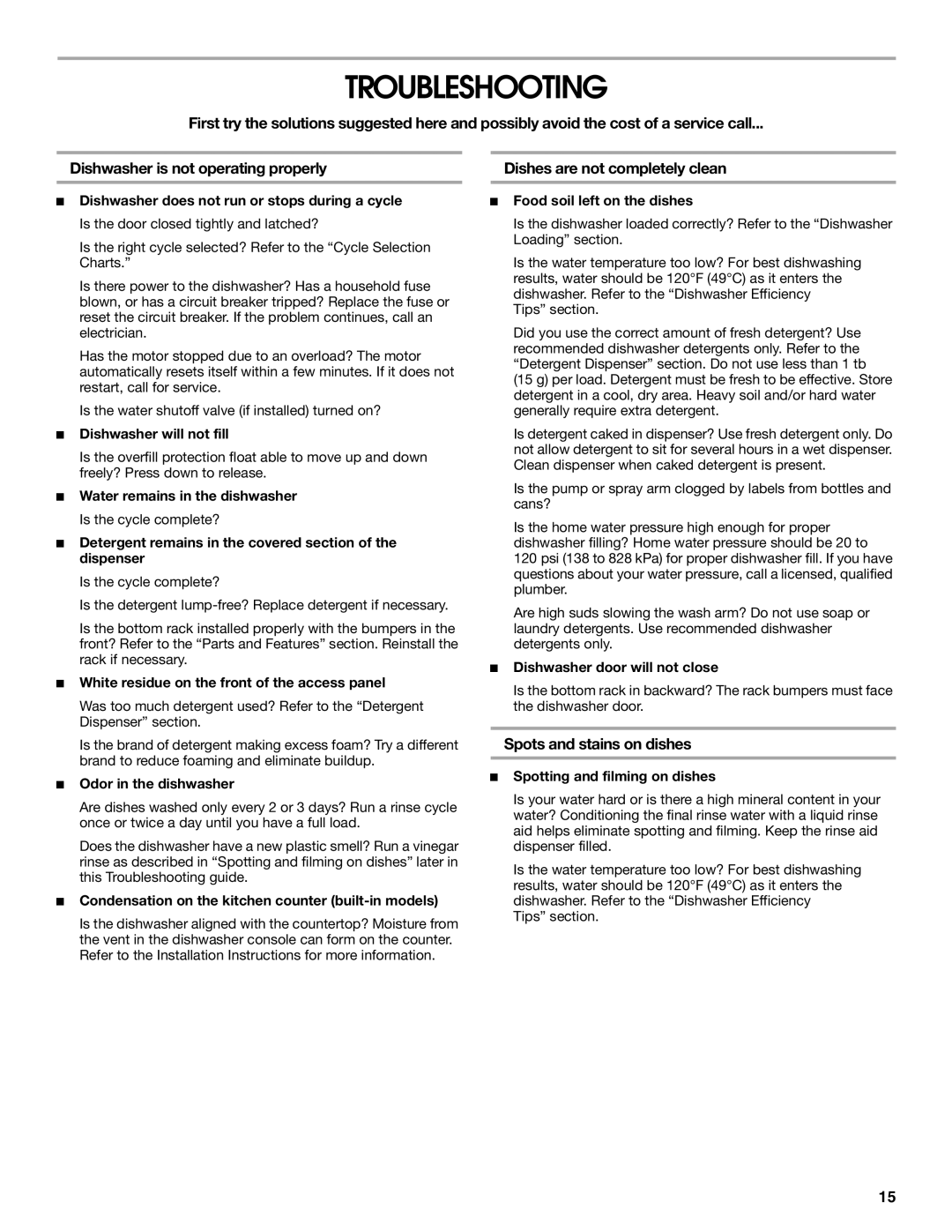 IKEA IUD6000S, IUD4000S manual Troubleshooting, Dishes are not completely clean, Spots and stains on dishes 