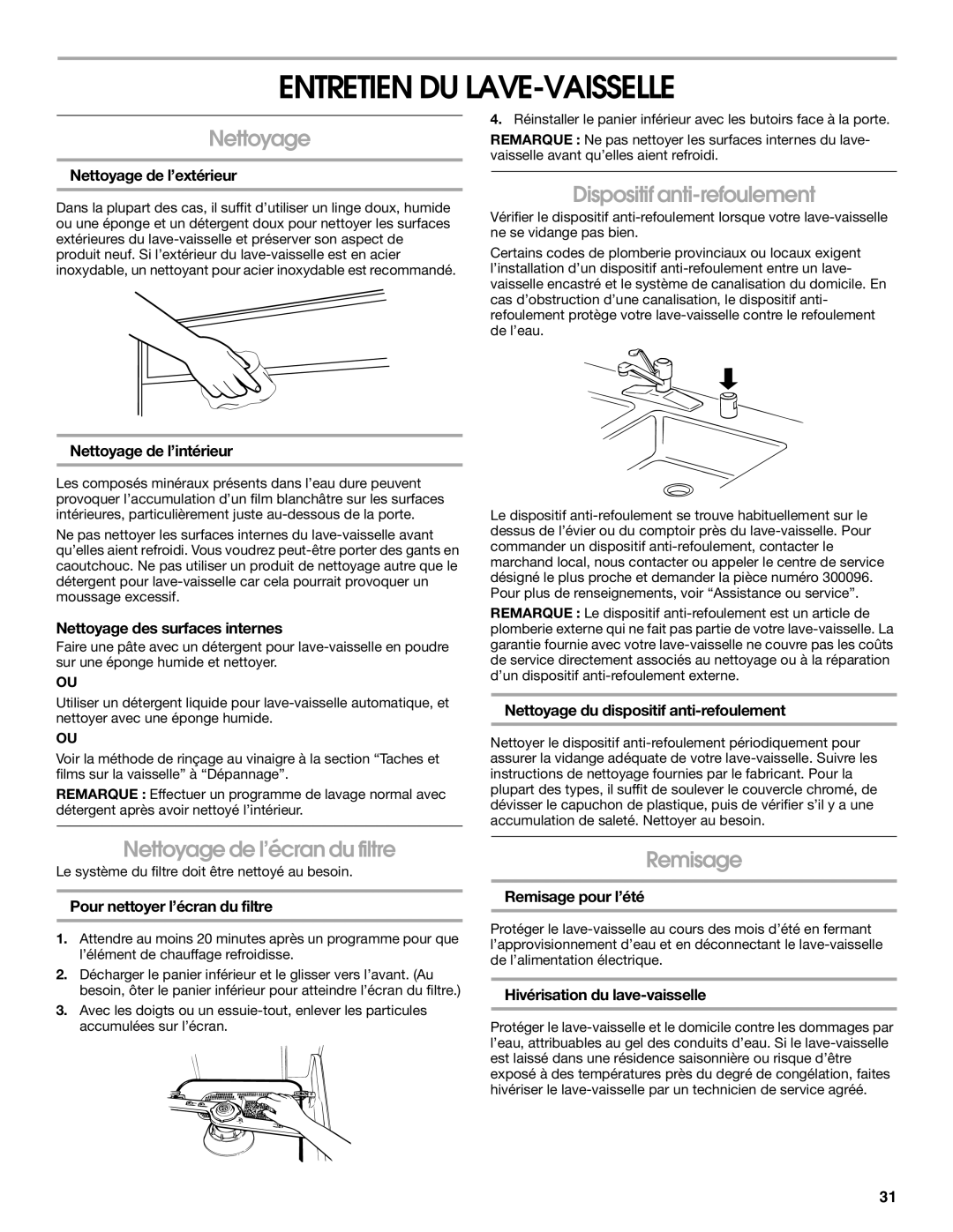 IKEA IUD6000S manual Entretien DU LAVE-VAISSELLE, Nettoyage de l’écran du filtre, Dispositif anti-refoulement, Remisage 