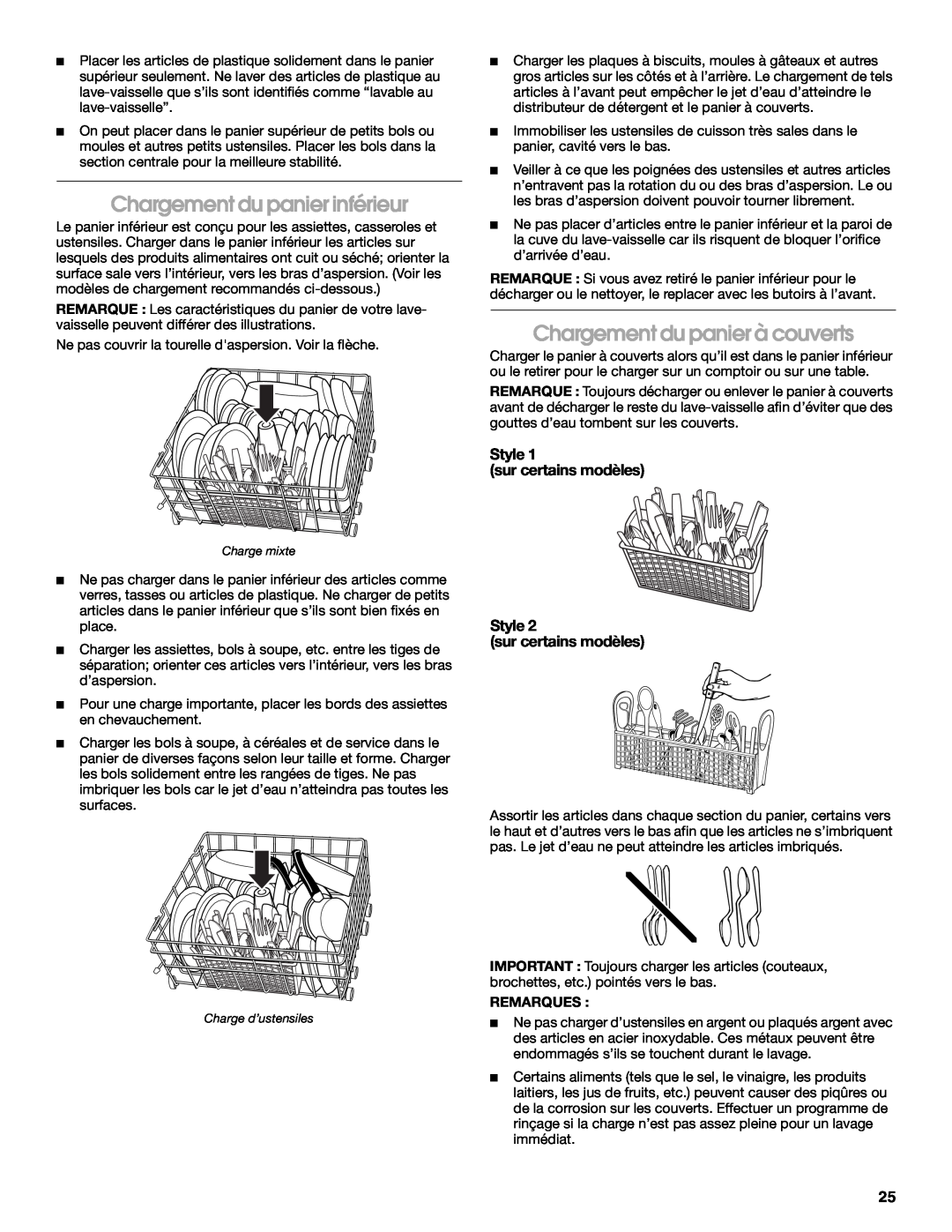 IKEA IUD6000S manual Chargement du panier inférieur, Chargement du panier à couverts, Style sur certains modèles, Remarques 