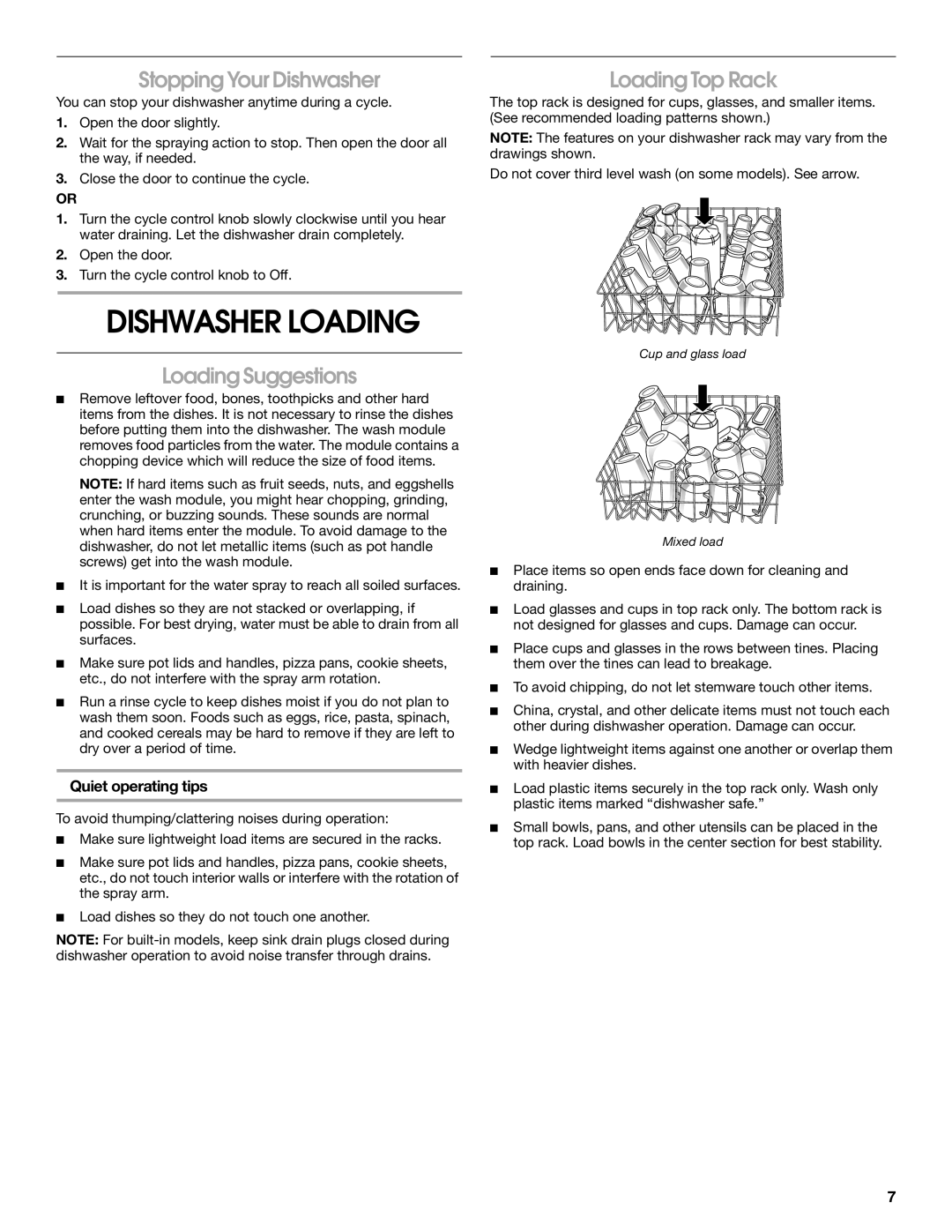 IKEA IUD6000S Dishwasher Loading, Stopping Your Dishwasher, Loading Suggestions, Loading Top Rack, Quiet operating tips 
