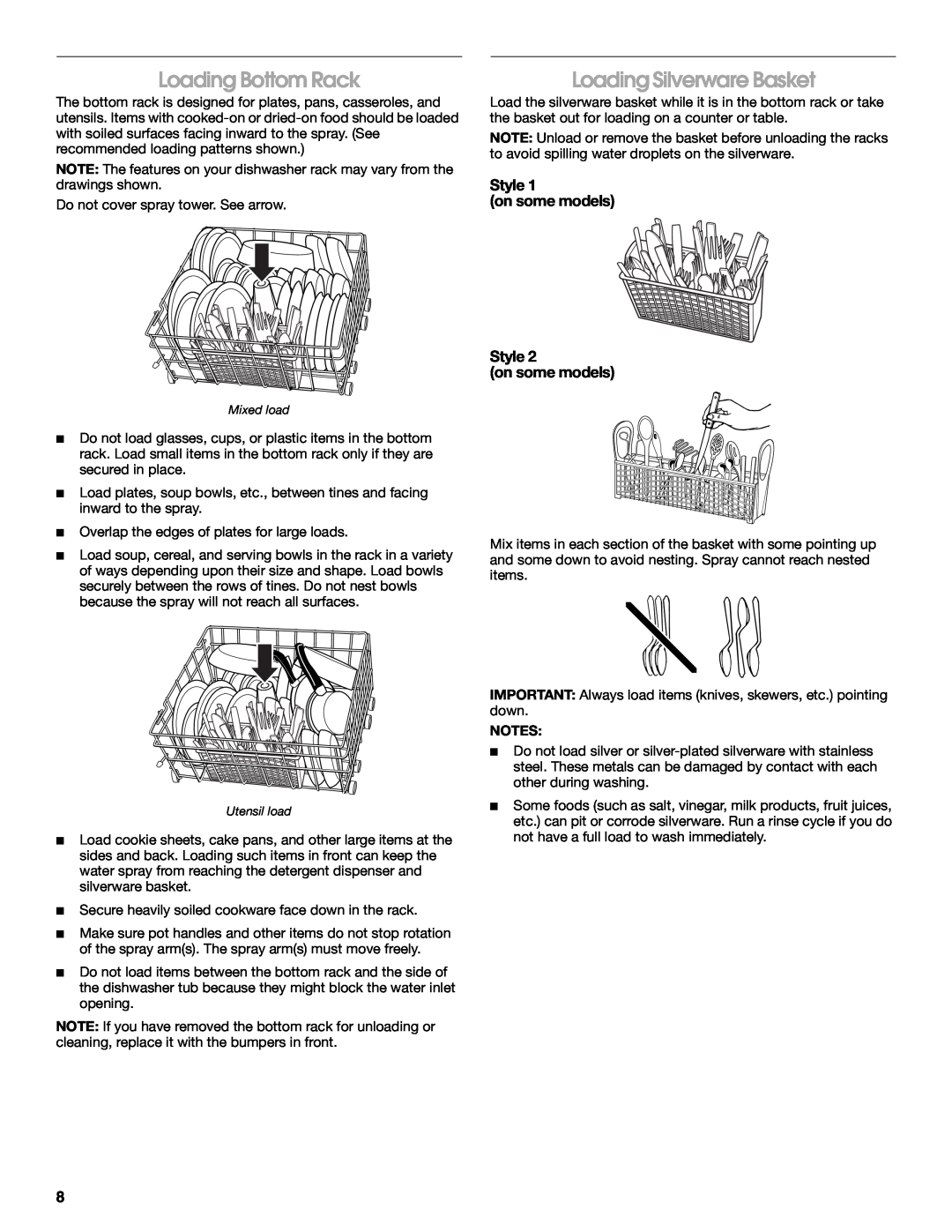 IKEA IUD4000S, IUD6000S manual Loading Bottom Rack, Loading Silverware Basket, Style on some models Style on some models 