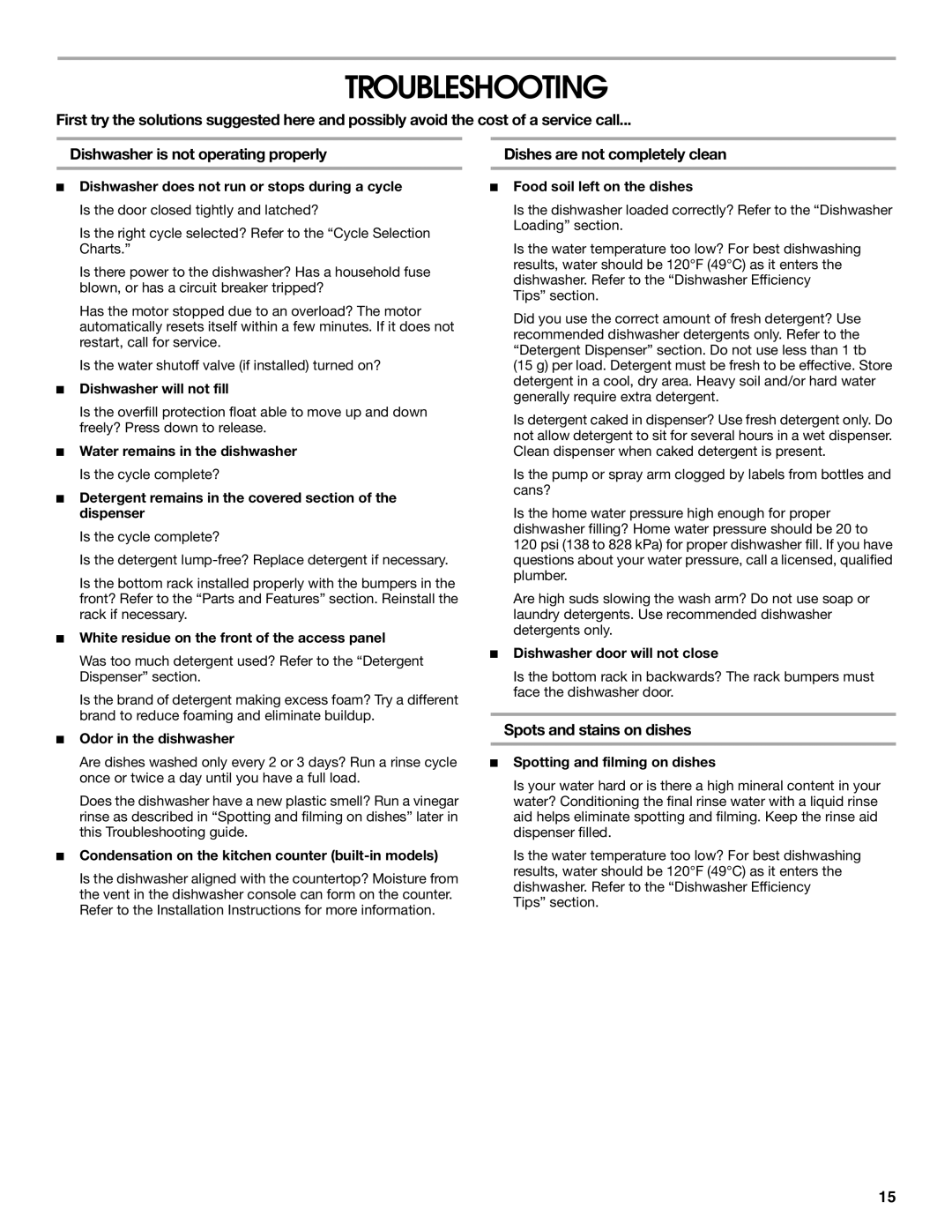 IKEA IUD4000R, IUD6000R manual Troubleshooting, Dishes are not completely clean, Spots and stains on dishes 