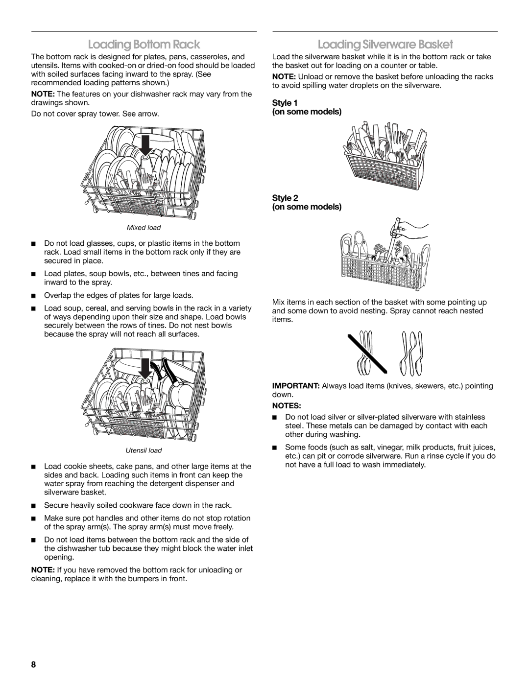 IKEA IUD6000R, IUD4000R manual Loading Bottom Rack, Loading Silverware Basket, Style On some models 