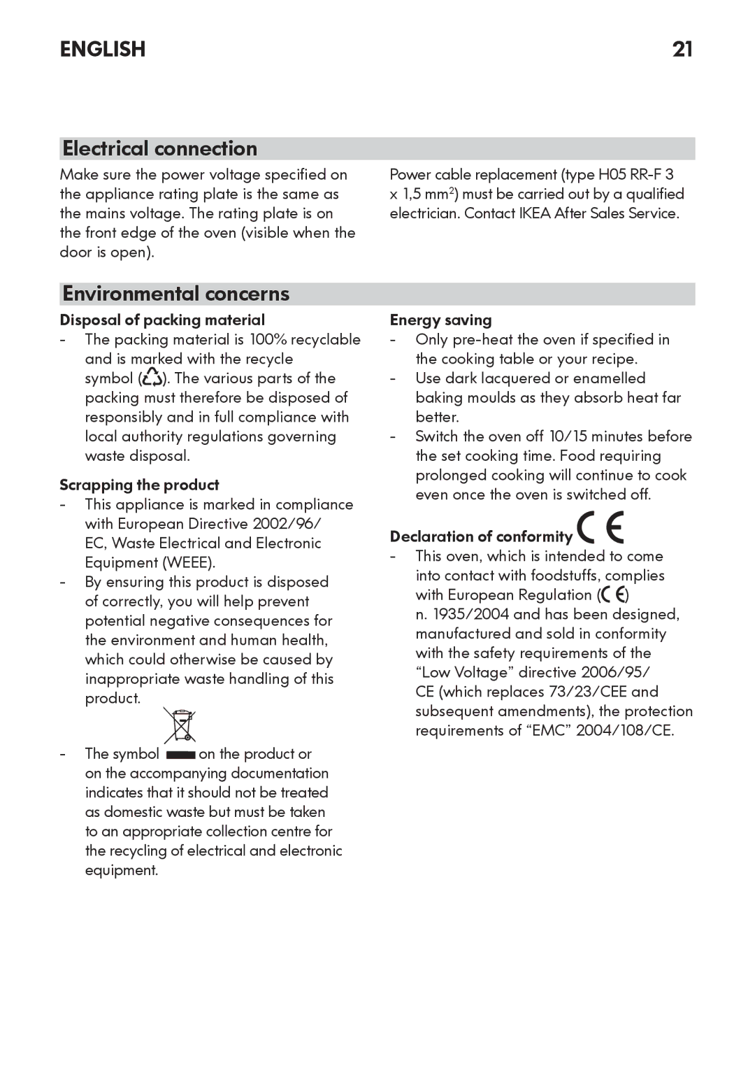 IKEA OV8 manual Electrical connection, Environmental concerns, Disposal of packing material, Declaration of conformity 