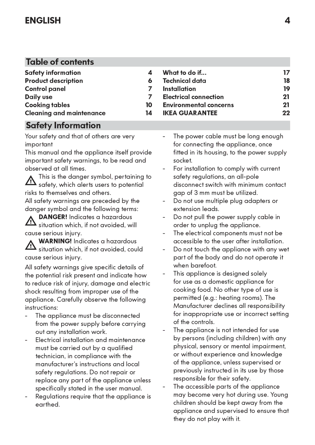 IKEA OV8 manual Table of contents, Safety Information 