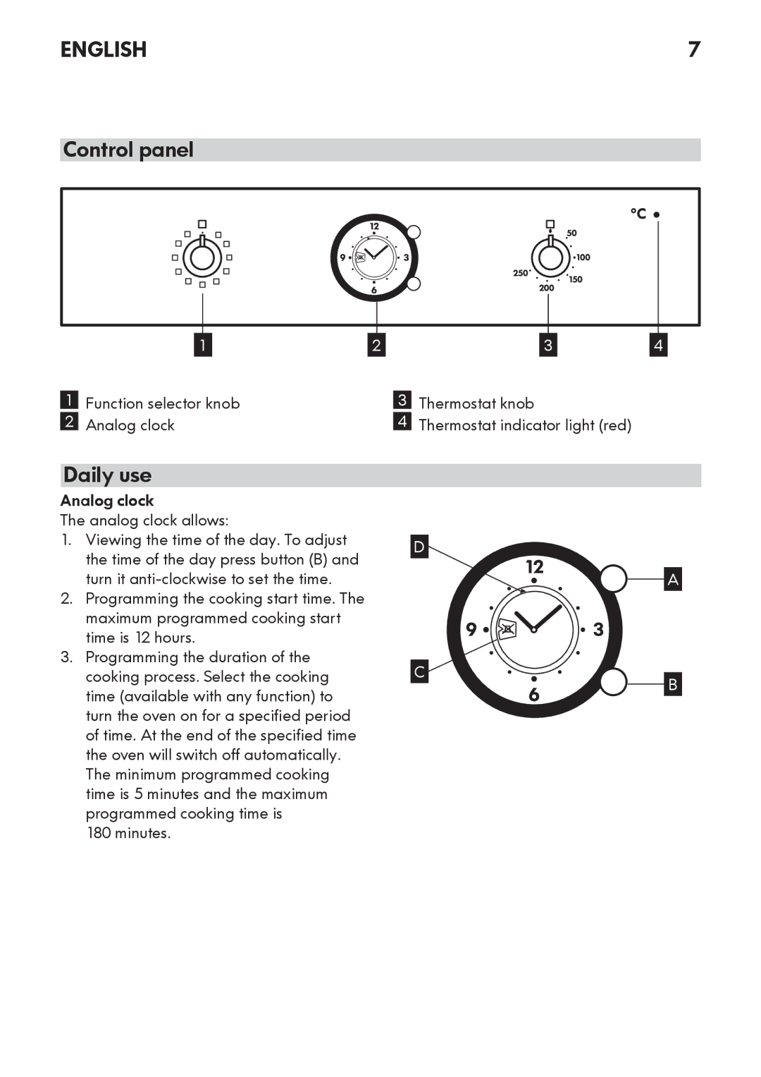 IKEA OV8 manual Control panel, Daily use, Analog clock Analog clock allows, Minutes 