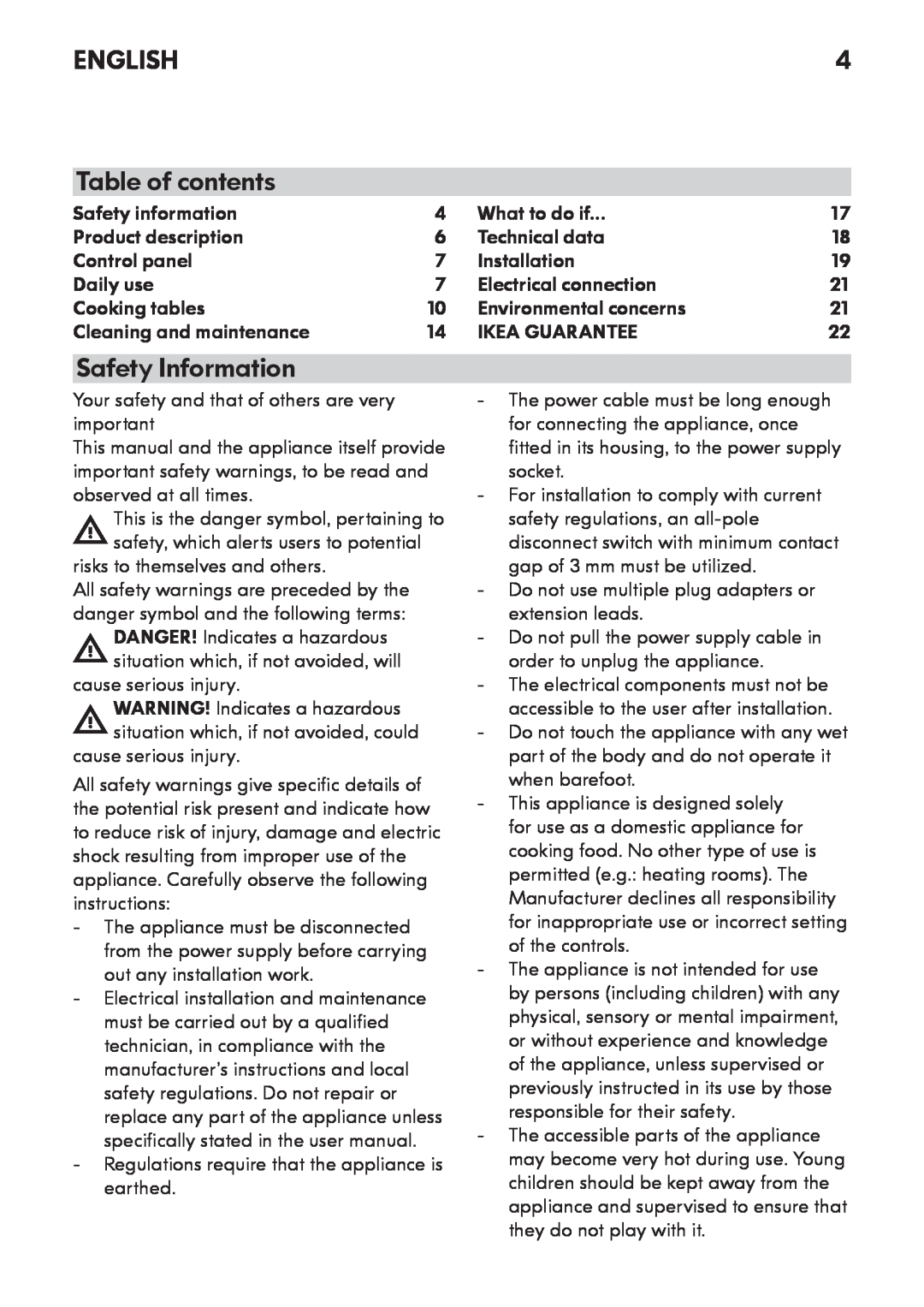 IKEA OV8 manual English, Table of contents, Safety Information 