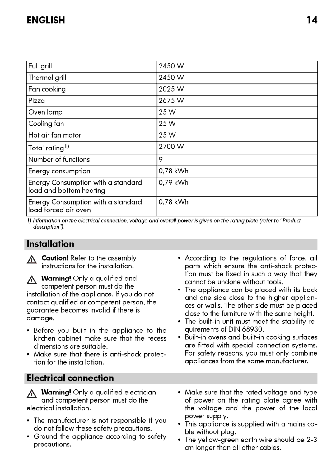 IKEA OV9 manual Installation, Electrical connection, Built-in unit must meet the stability re- quirements of DIN 