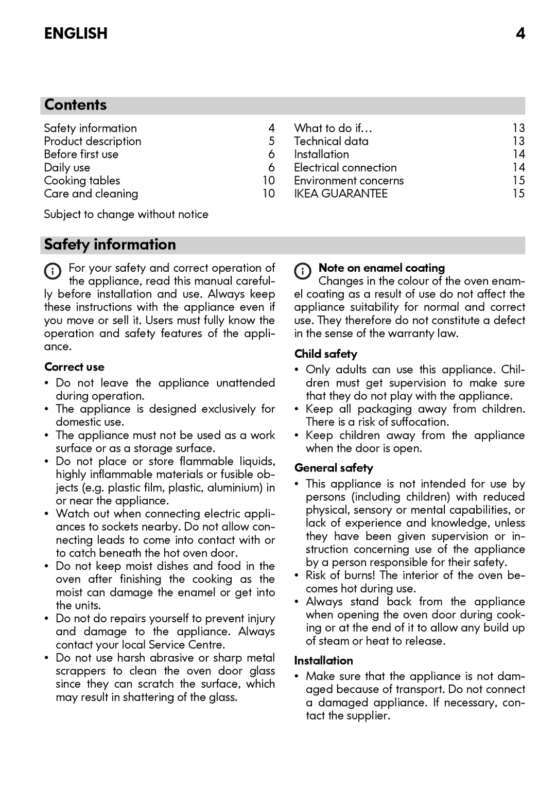 IKEA OV9 manual Contents, Safety information 