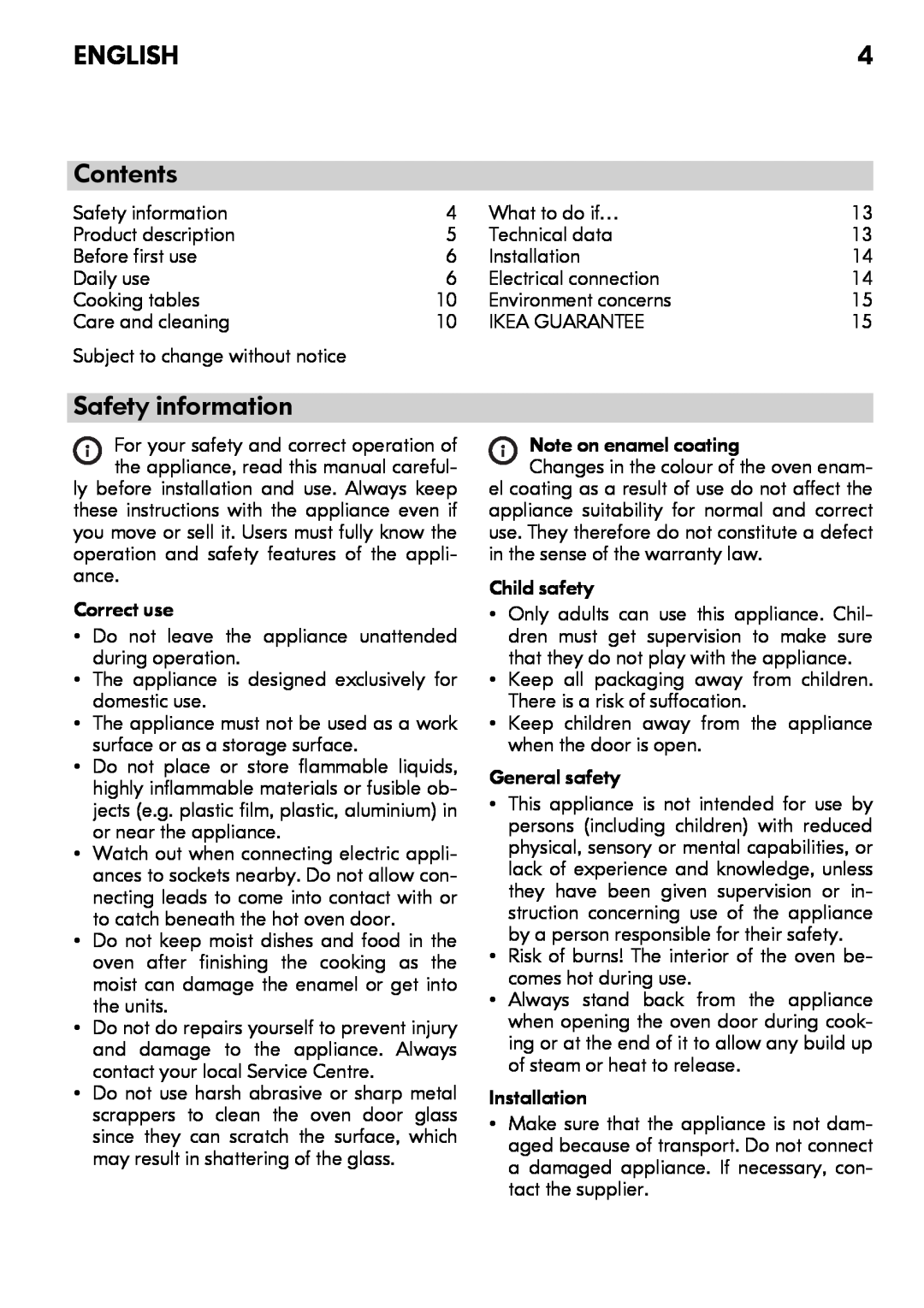 IKEA OV9 manual ENGLISH Contents, Safety information 