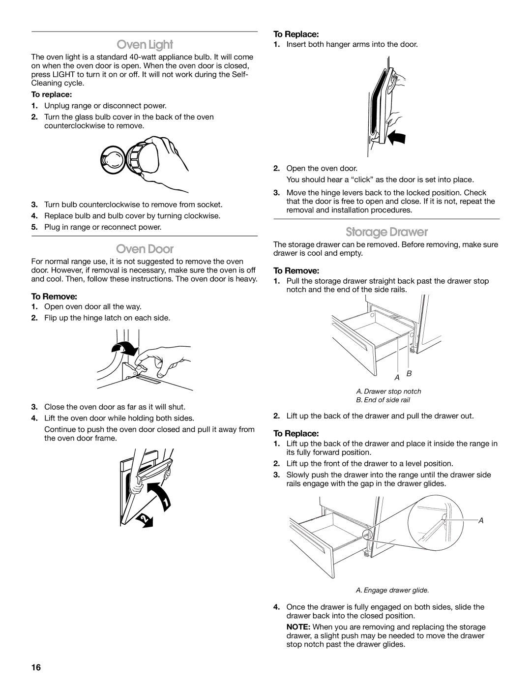 IKEA Range manual Oven Light, Oven Door, Storage Drawer, To Remove, To Replace 