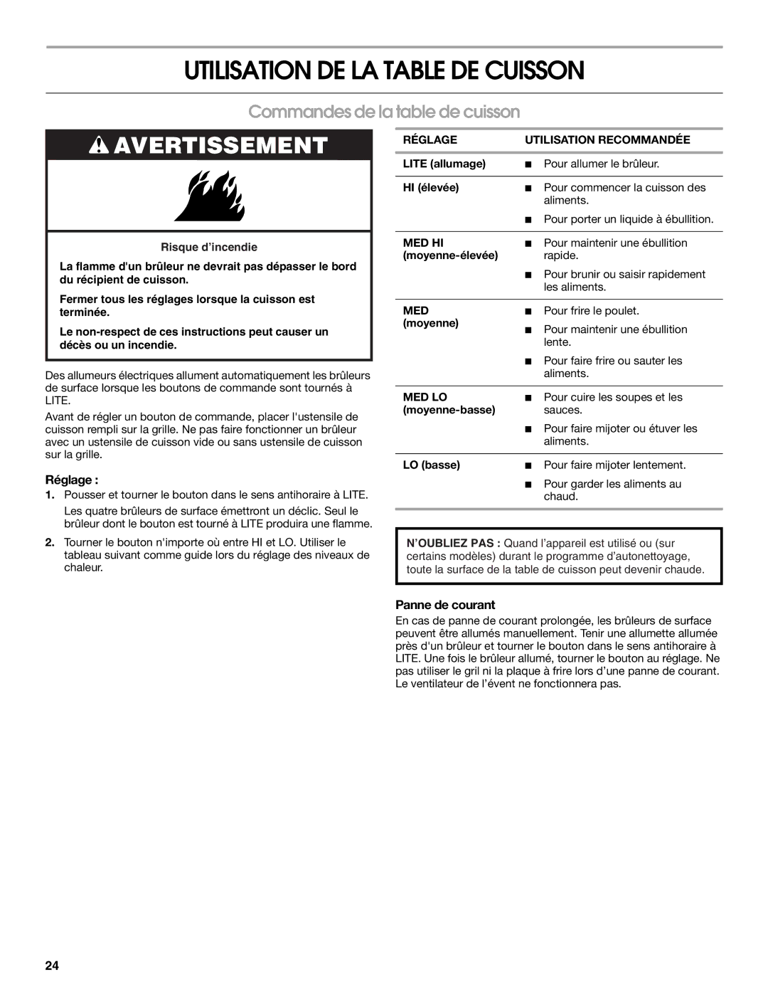 IKEA Range manual Utilisation DE LA Table DE Cuisson, Commandes de la table de cuisson, Réglage, Panne de courant 