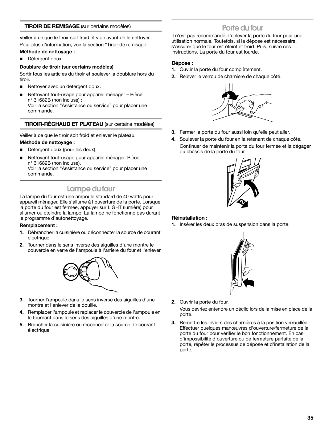 IKEA Range manual Porte du four, Lampe du four, Dépose, TIROIR-RÉCHAUD ET Plateau sur certains modèles, Réinstallation 