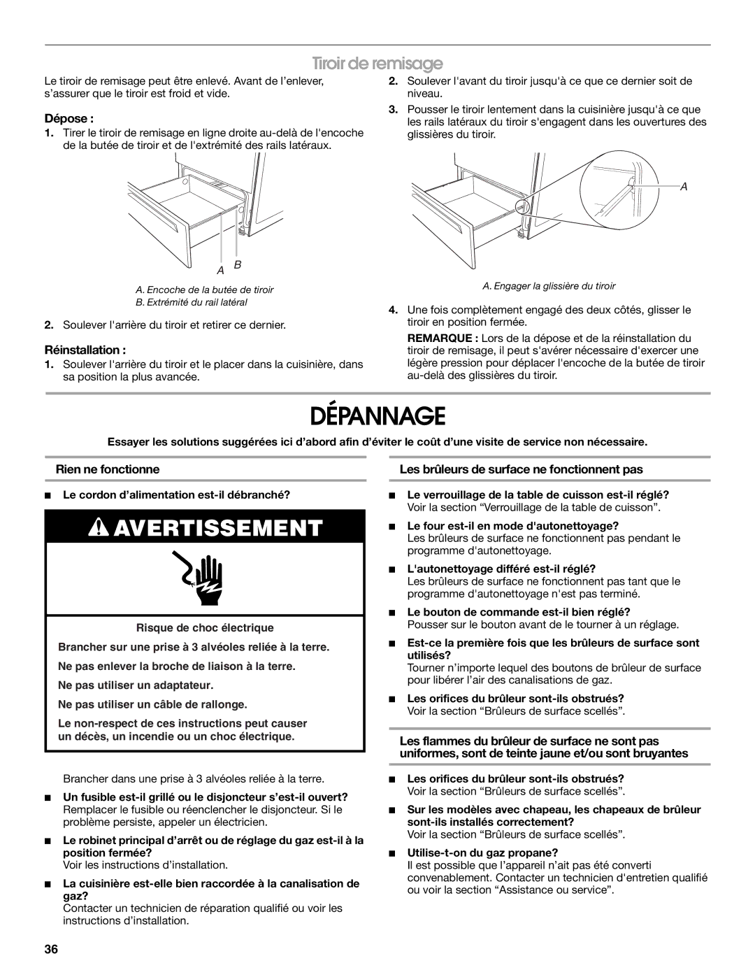 IKEA Range manual Dépannage, Tiroir de remisage, Rien ne fonctionne, Les brûleurs de surface ne fonctionnent pas 