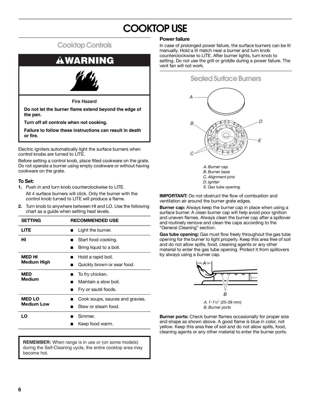 IKEA Range manual Cooktop USE, Cooktop Controls, Sealed Surface Burners, To Set, Power failure 