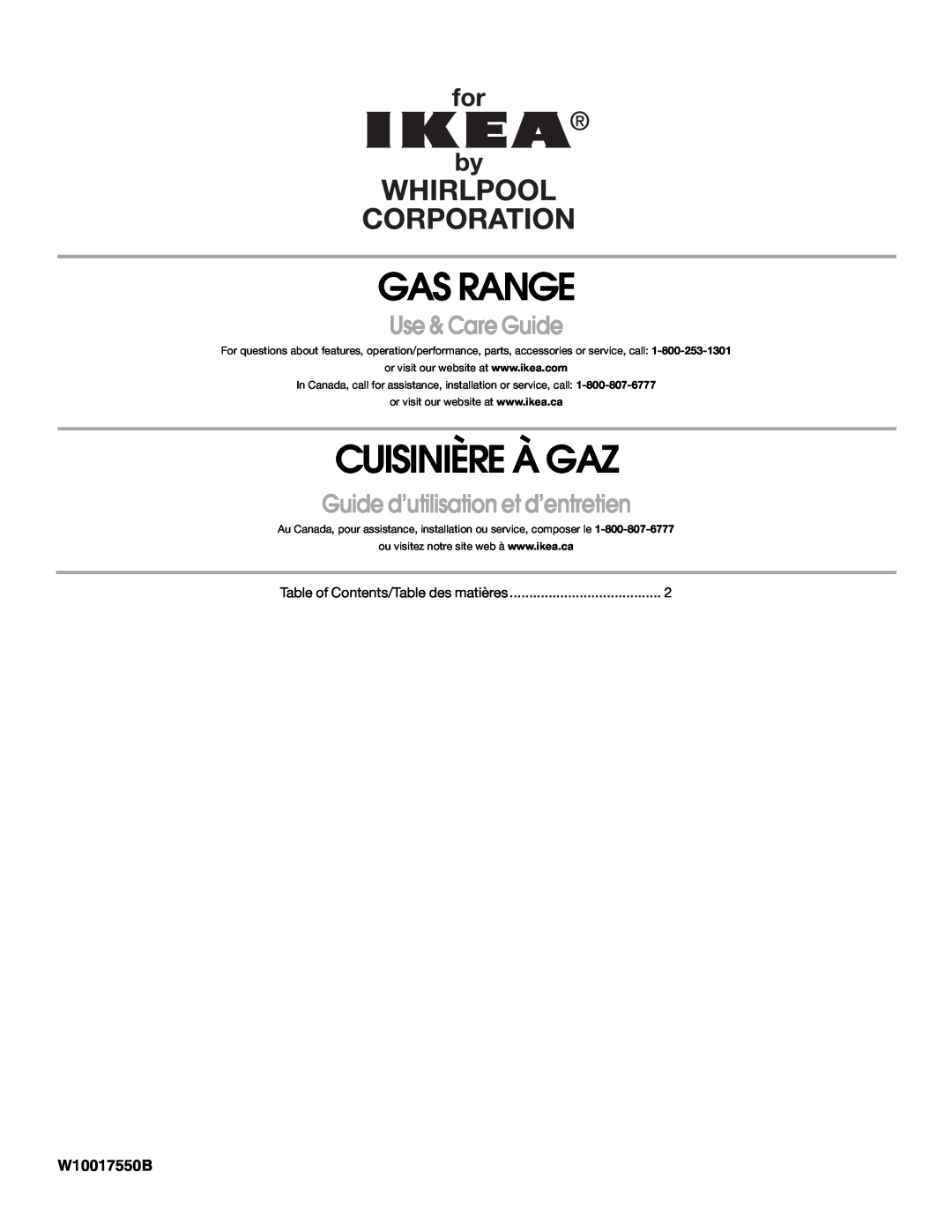 IKEA manual Gas Range, Cuisinière À Gaz, Use & Care Guide, Guide d’utilisation et d’entretien, W10017550B 