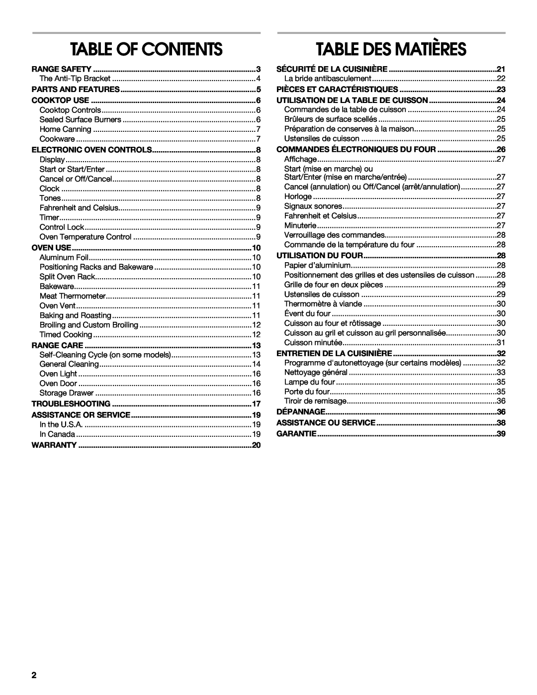 IKEA Range manual Table Des Matières, Table Of Contents 