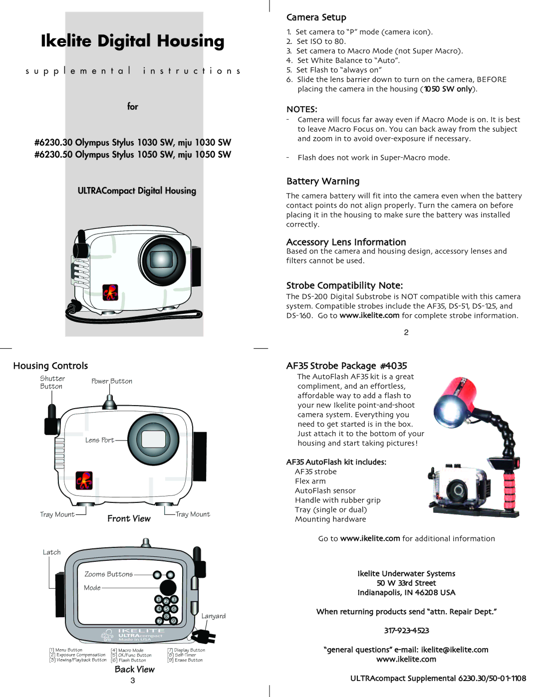 Ikelite 1050 SW, 1030 SW manual Ikelite Digital Housing, Front View, Camera Setup 