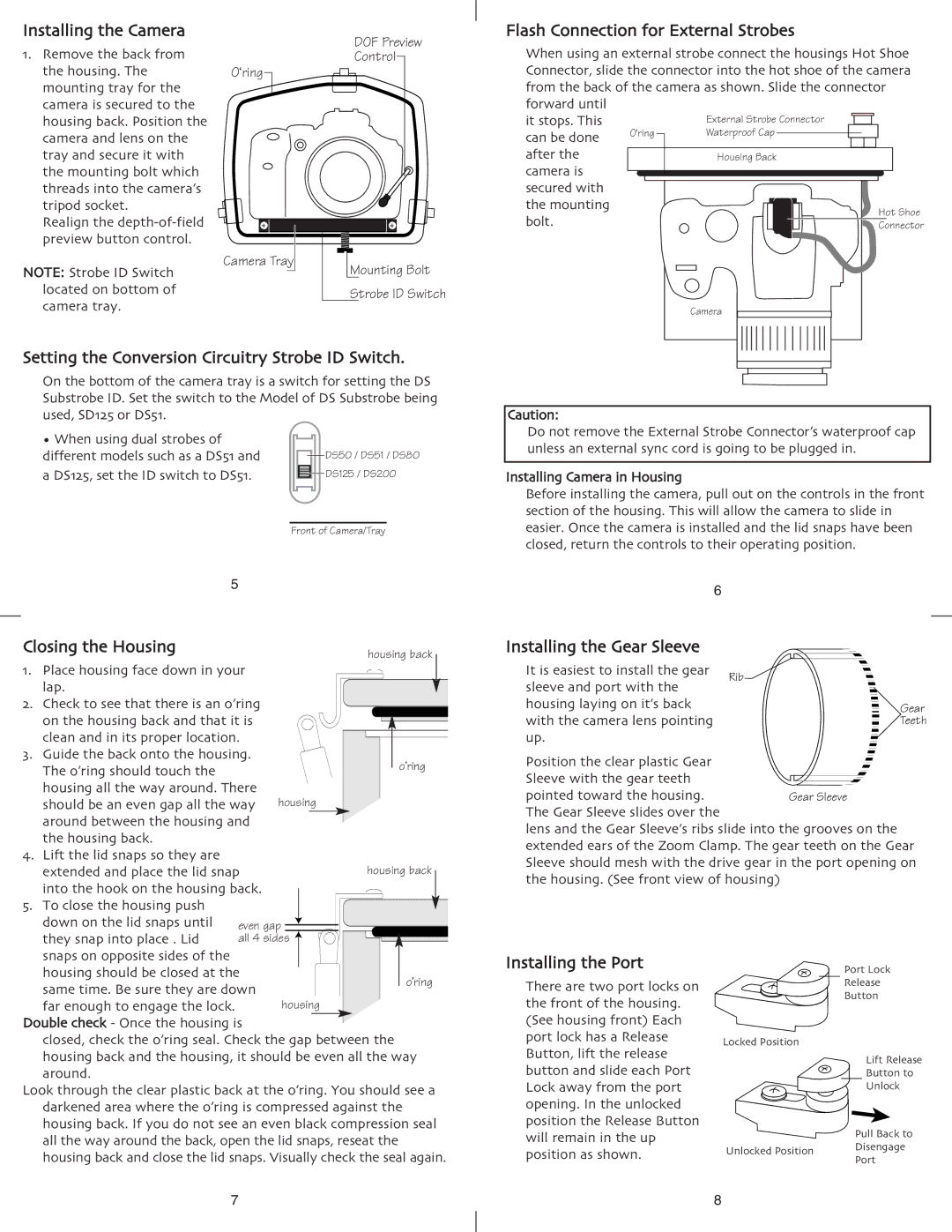 Ikelite 300D Installing the Camera 1. Remove the back from, Flash Connection for External Strobes, Closing the Housing 