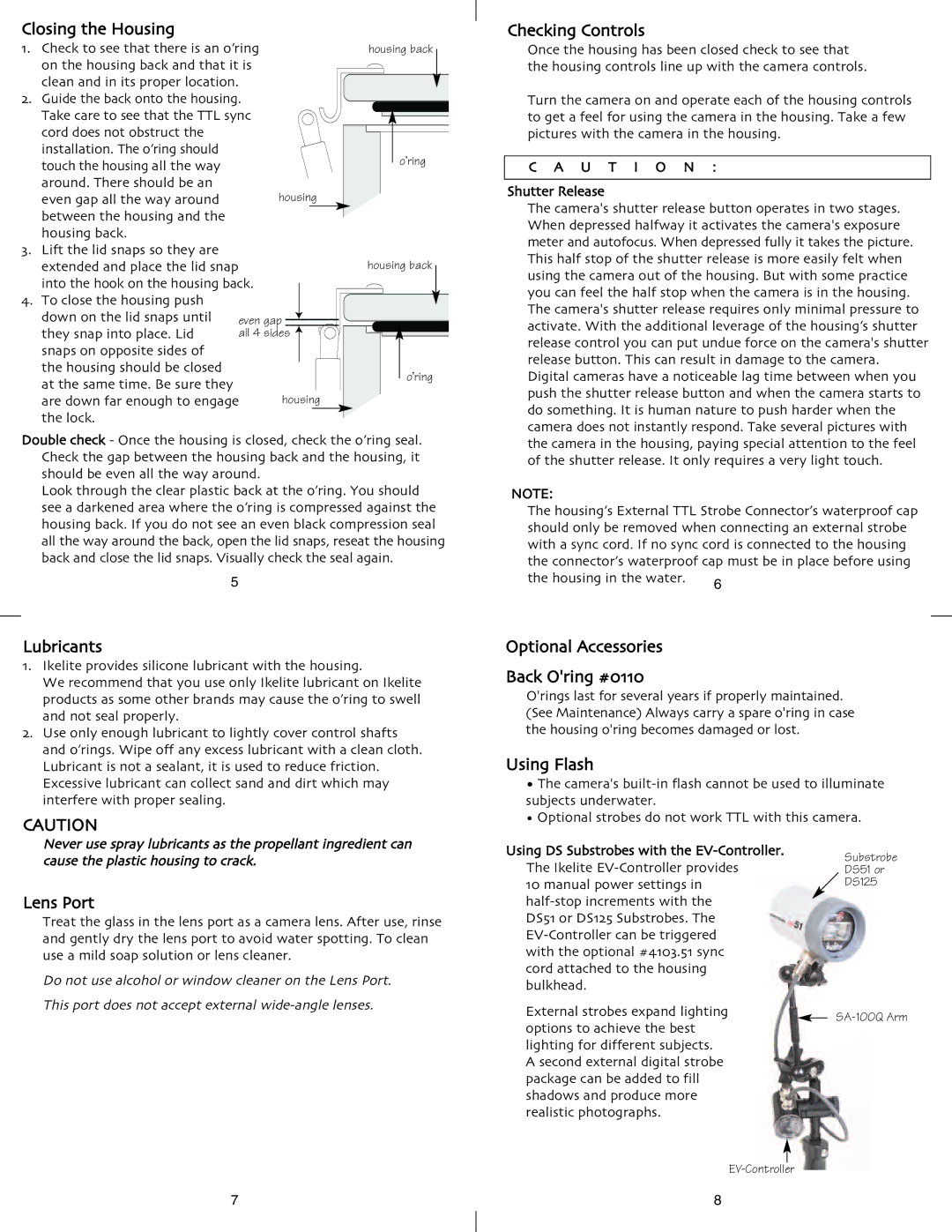 Ikelite 5400 Closing the Housing, Lubricants, Lens Port, Checking Controls, Optional Accessories Back Oring #0110 