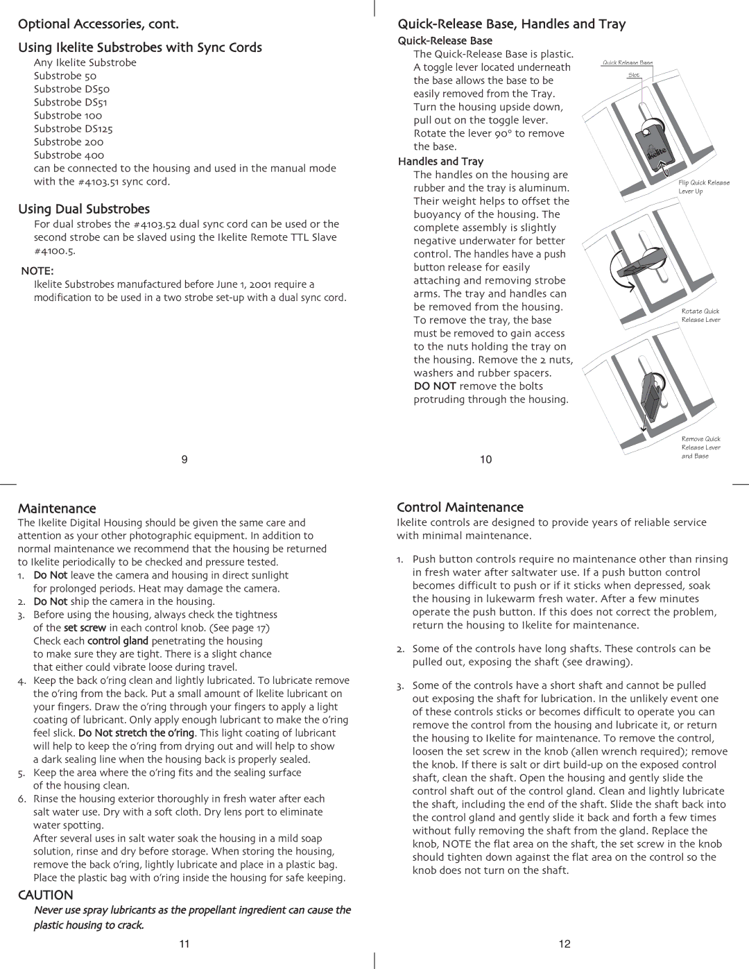 Ikelite 5400 instruction manual Using Dual Substrobes, Quick-Release Base, Handles and Tray, Control Maintenance 