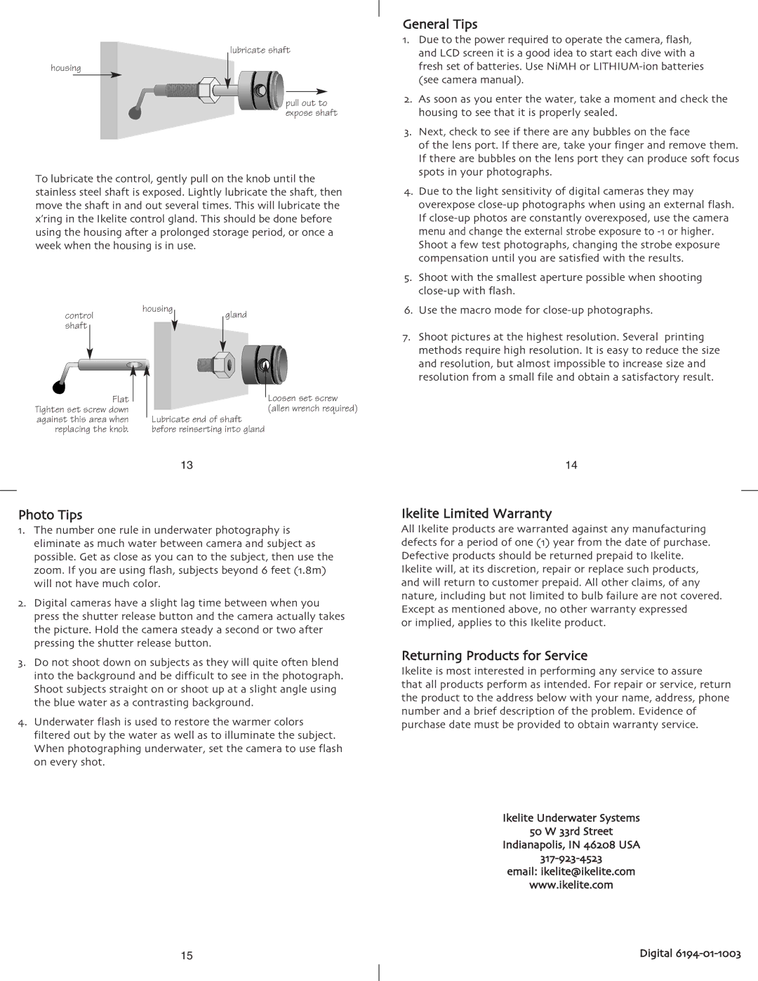 Ikelite 5400 instruction manual Photo Tips, General Tips, Ikelite Limited Warranty, Returning Products for Service 