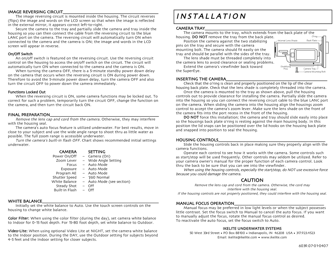 Ikelite instruction manual S T a L L a T IO N, 6039.07-01-0407 