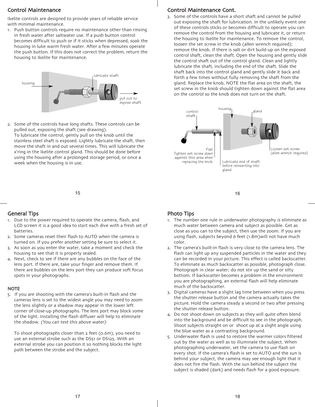 Ikelite 6182.14 instruction manual Control Maintenance, General Tips, Photo Tips 