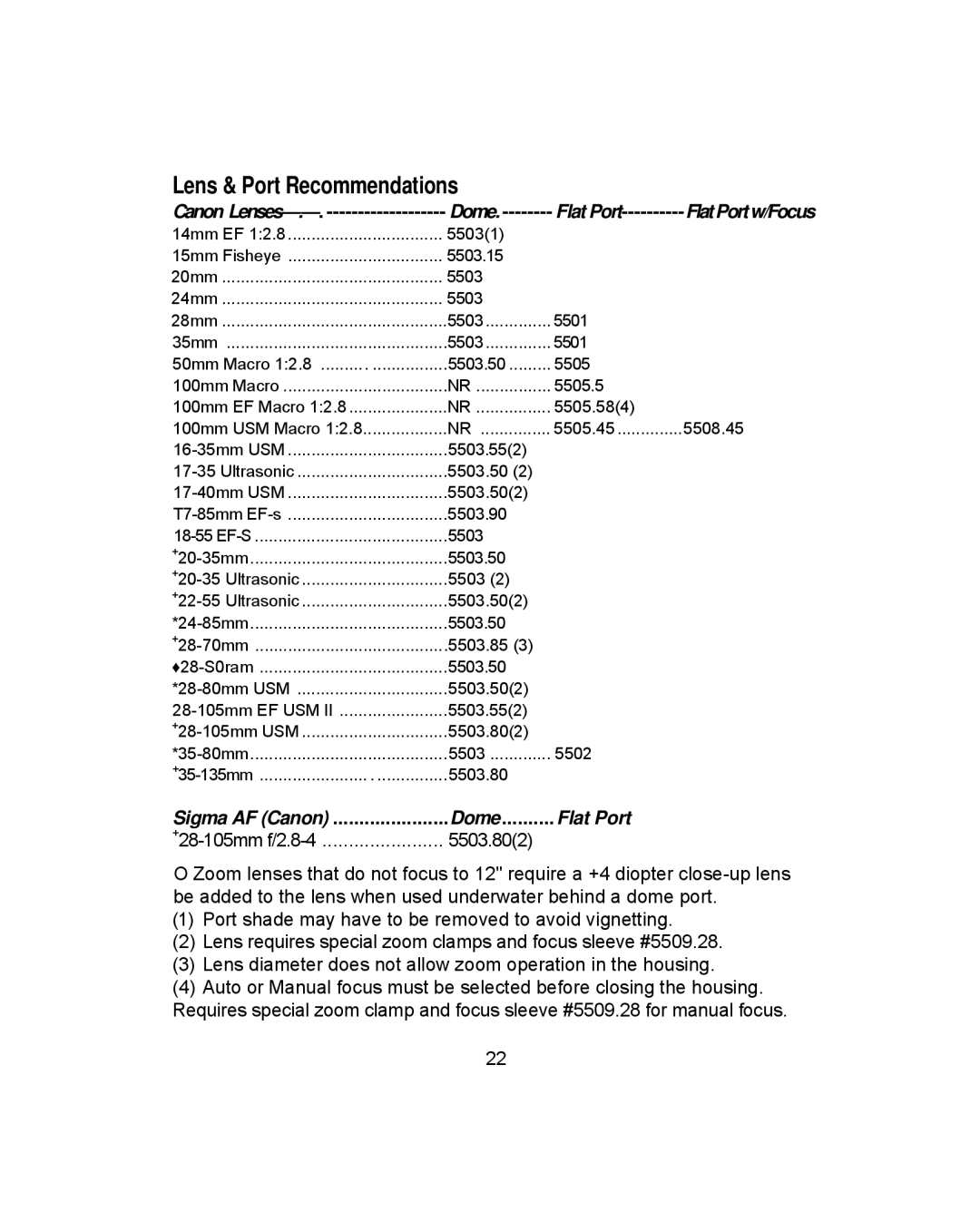 Ikelite 6870.40 for Canon EOS 40D instruction manual Lens & Port Recommendations, Dome Flat Port 