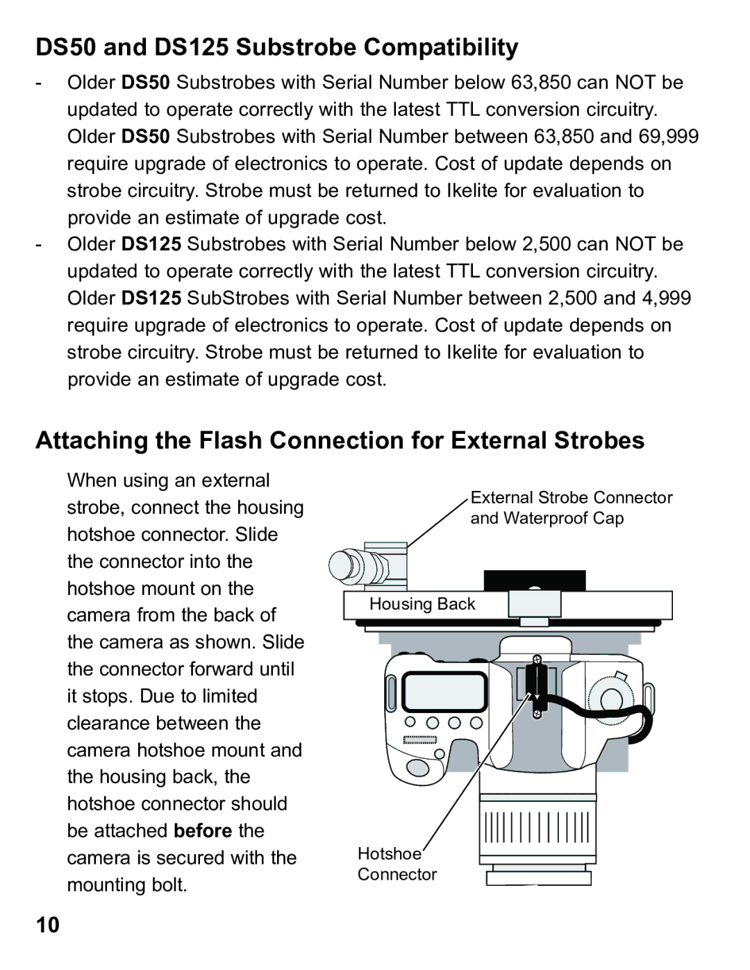 Ikelite 6871.07 DS50 and DS125 Substrobe Compatibility, Attaching the Flash Connection for External Strobes 