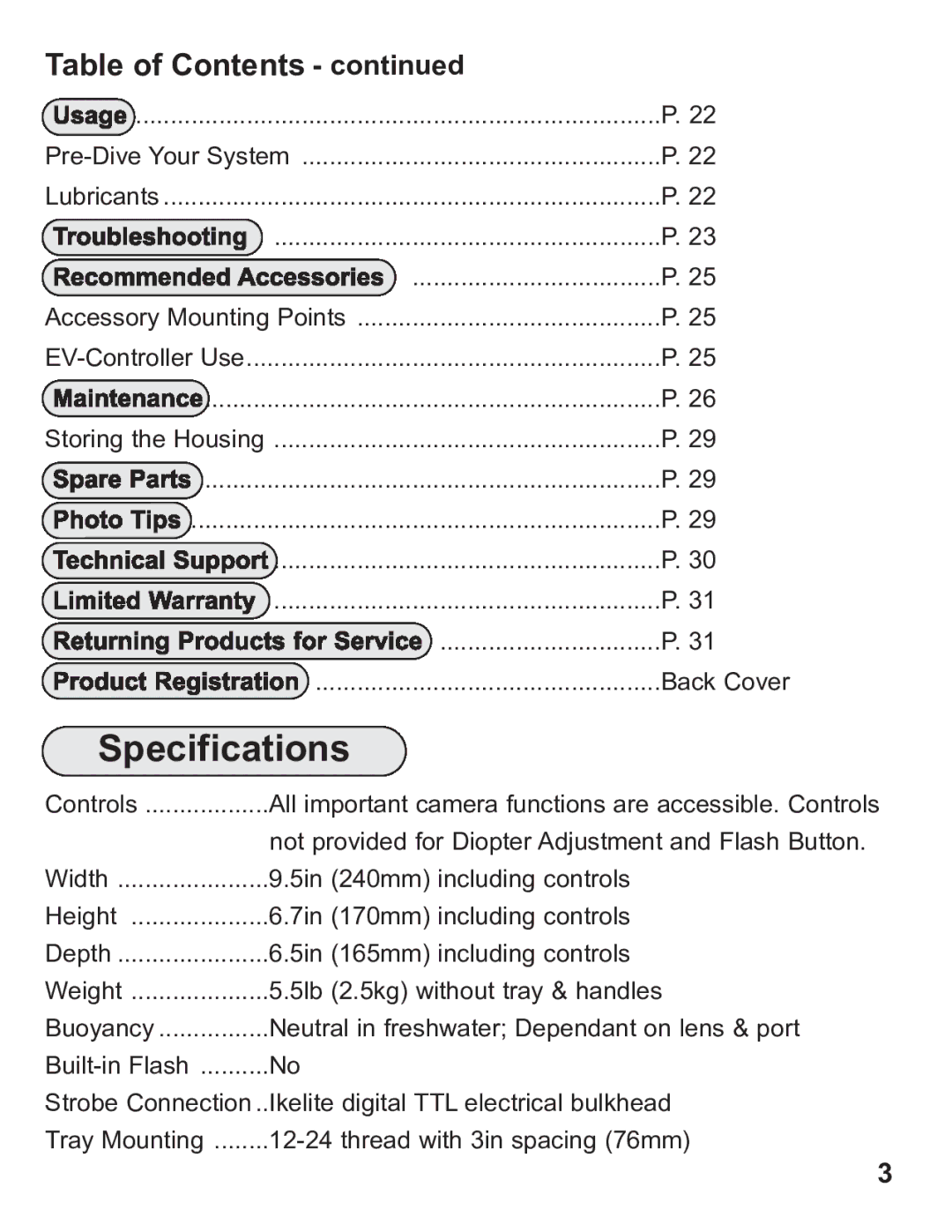 Ikelite 6871.07 instruction manual Specifications 