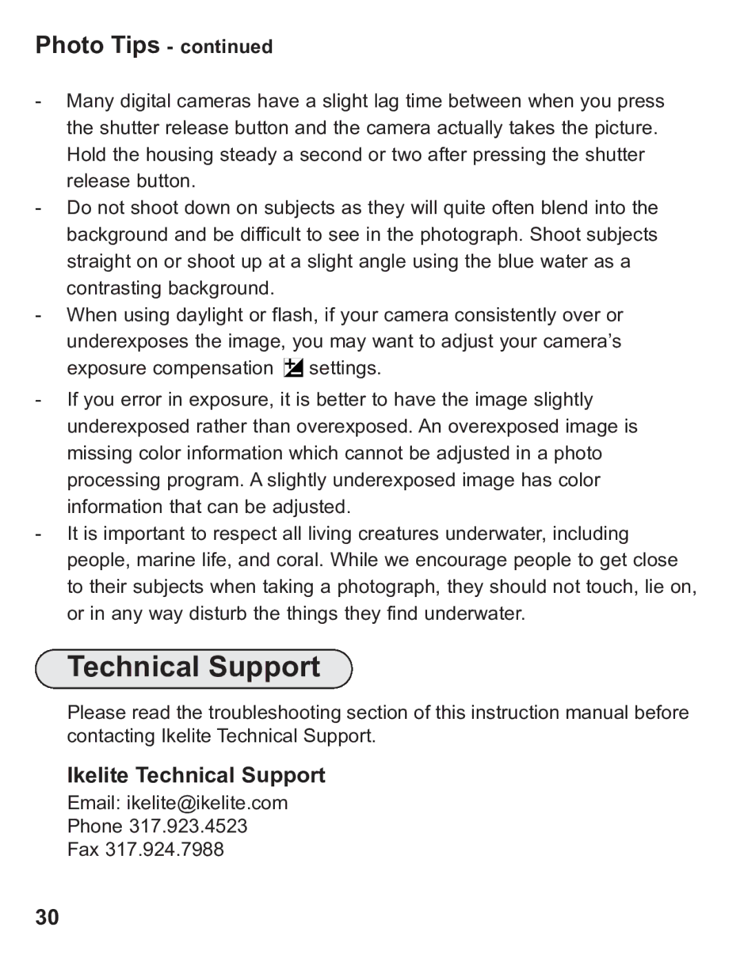 Ikelite 6871.07 instruction manual Technical Support, Photo Tips 