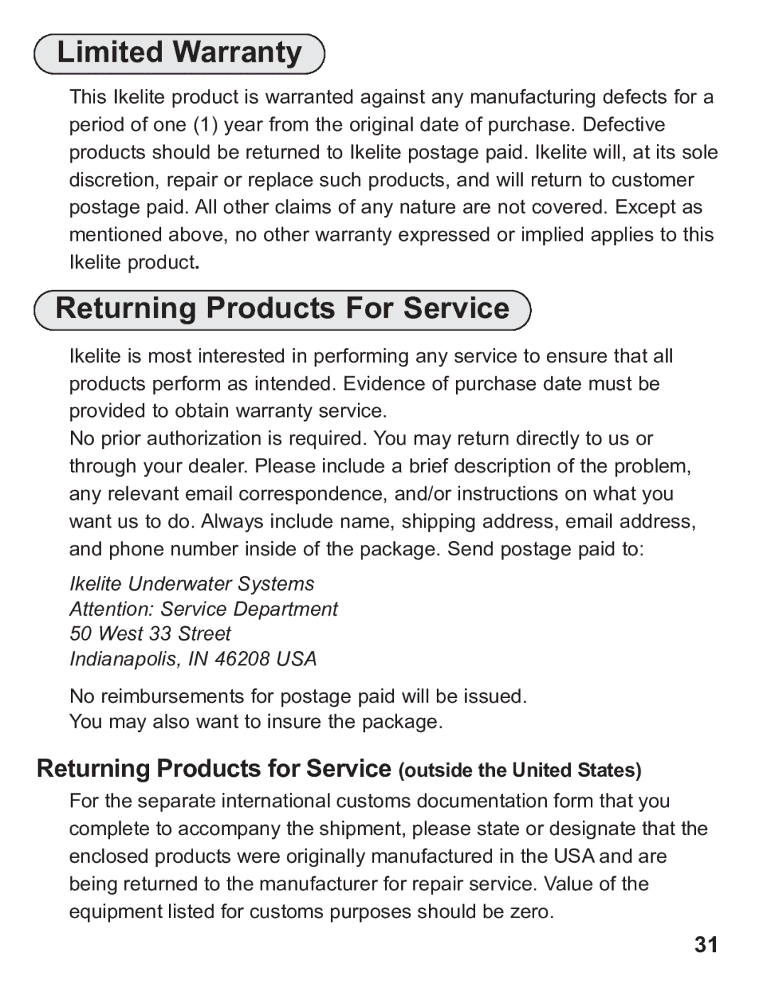 Ikelite 6871.07 Limited Warranty, Returning Products For Service, Returning Products for Service outside the United States 