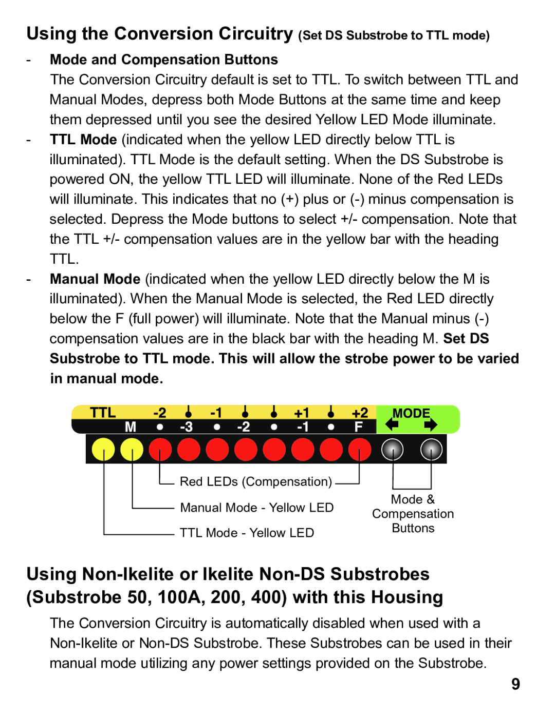 Ikelite 6871.07 Using the Conversion Circuitry Set DS Substrobe to TTL mode, Mode and Compensation Buttons 