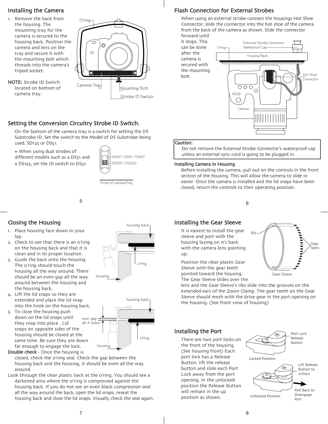 Ikelite 6871.2 Installing the Camera 1. Remove the back from, Flash Connection for External Strobes, Closing the Housing 