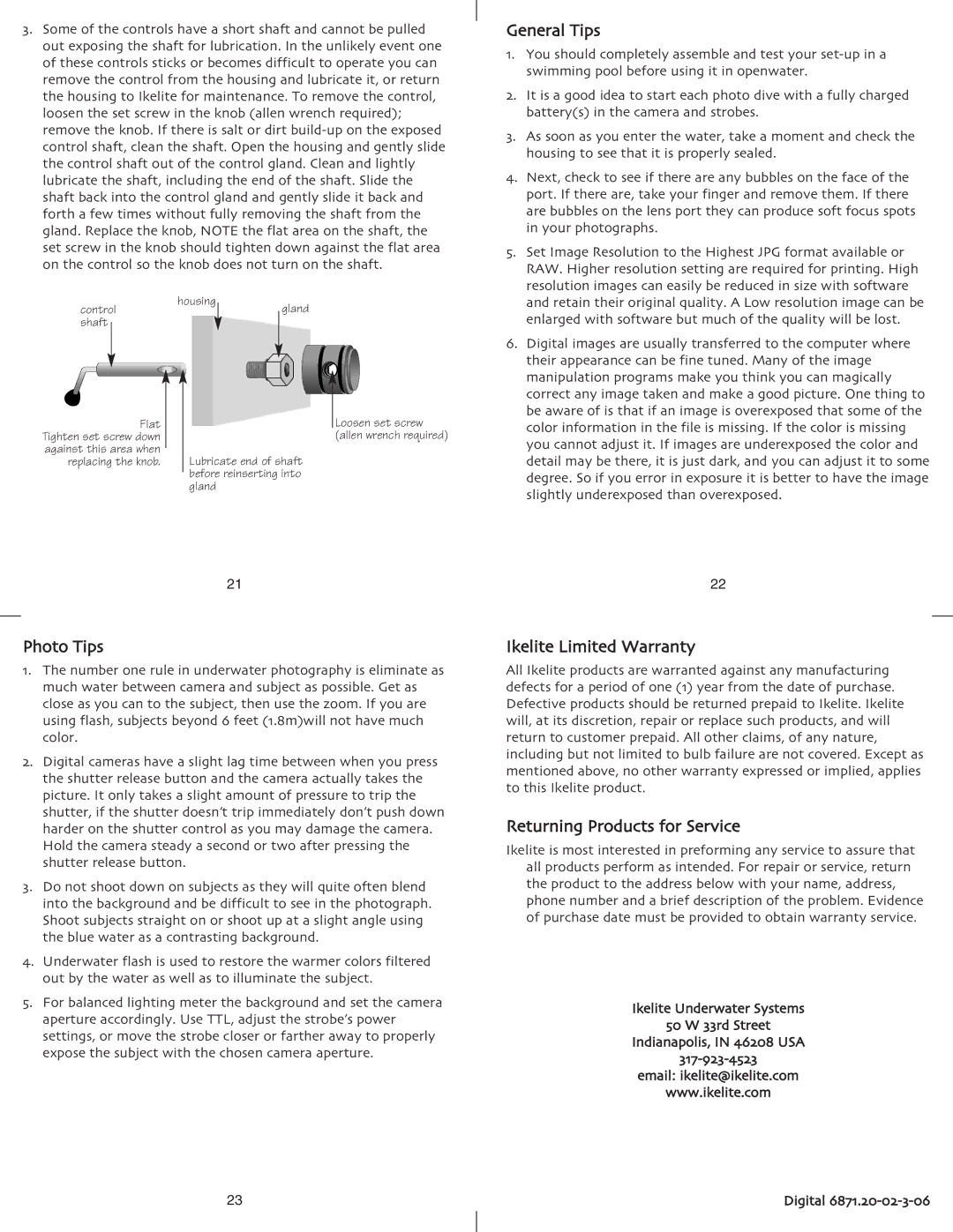 Ikelite 6871.2 instruction manual General Tips, Photo Tips, Ikelite Limited Warranty, Returning Products for Service 