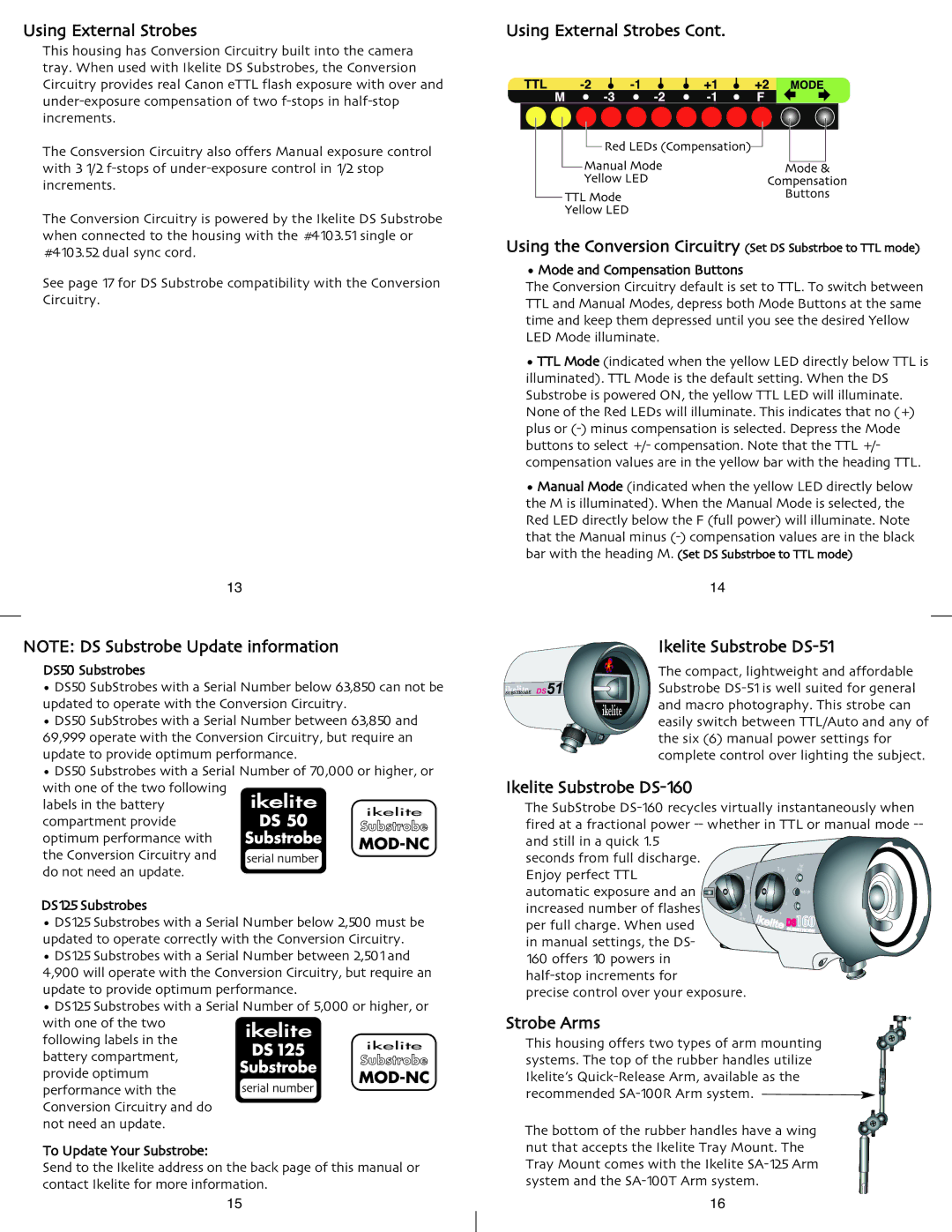 Ikelite 6872.10, 6871.45 Using External Strobes, Using the Conversion Circuitry Set DS Substrboe to TTL mode, Strobe Arms 