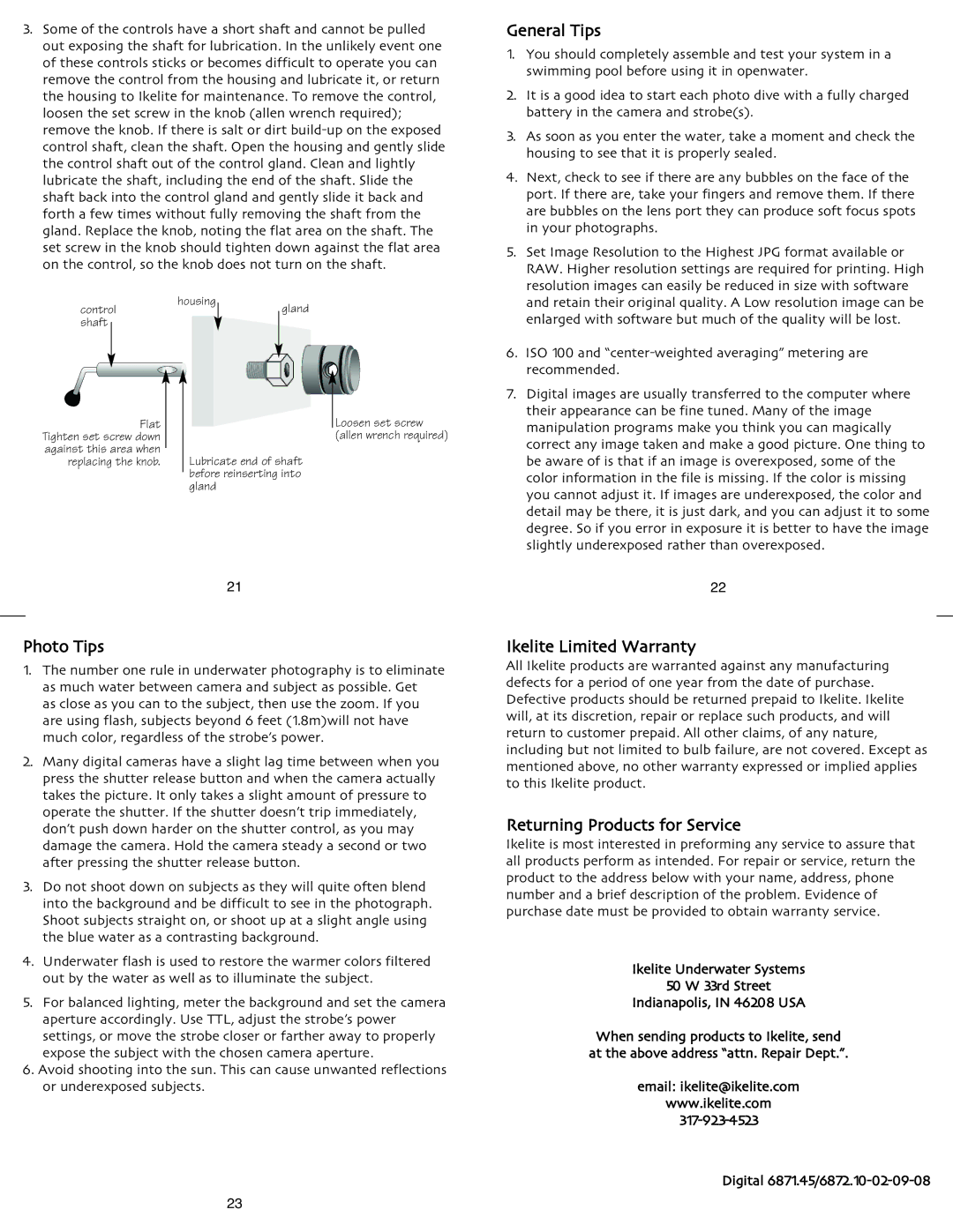 Ikelite 6872.10, 6871.45 General Tips, Photo Tips, Ikelite Limited Warranty, Returning Products for Service 