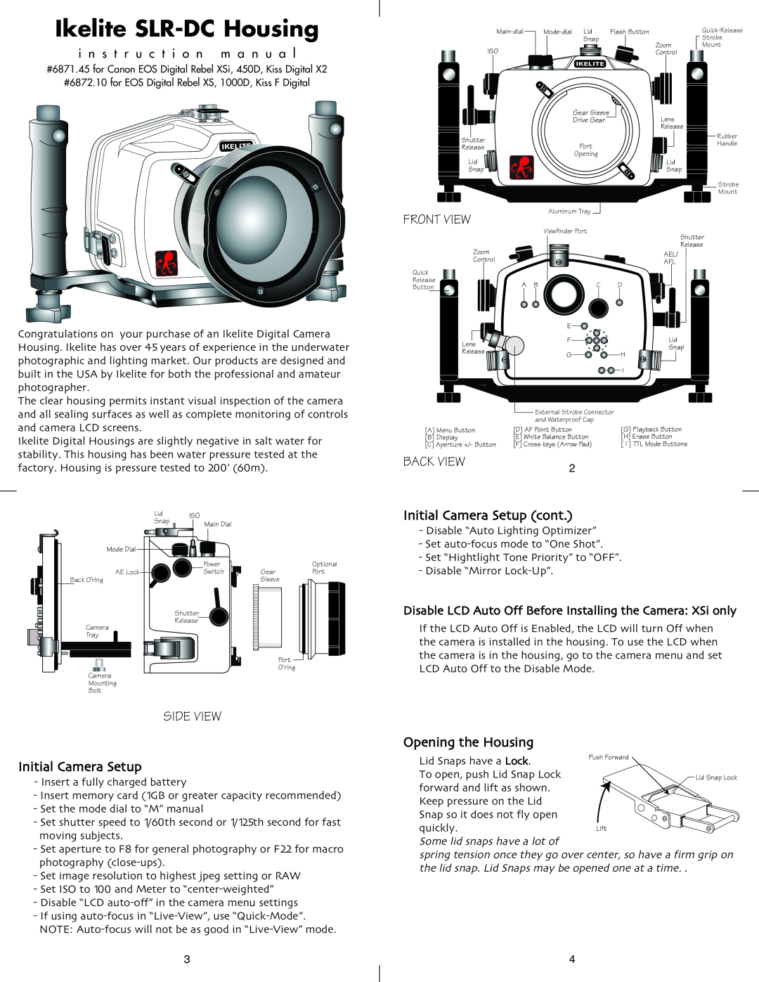Ikelite 6871.45 instruction manual Front View, Back View, Initial Camera Setup cont, SIDE VIEW Initial Camera Setup 