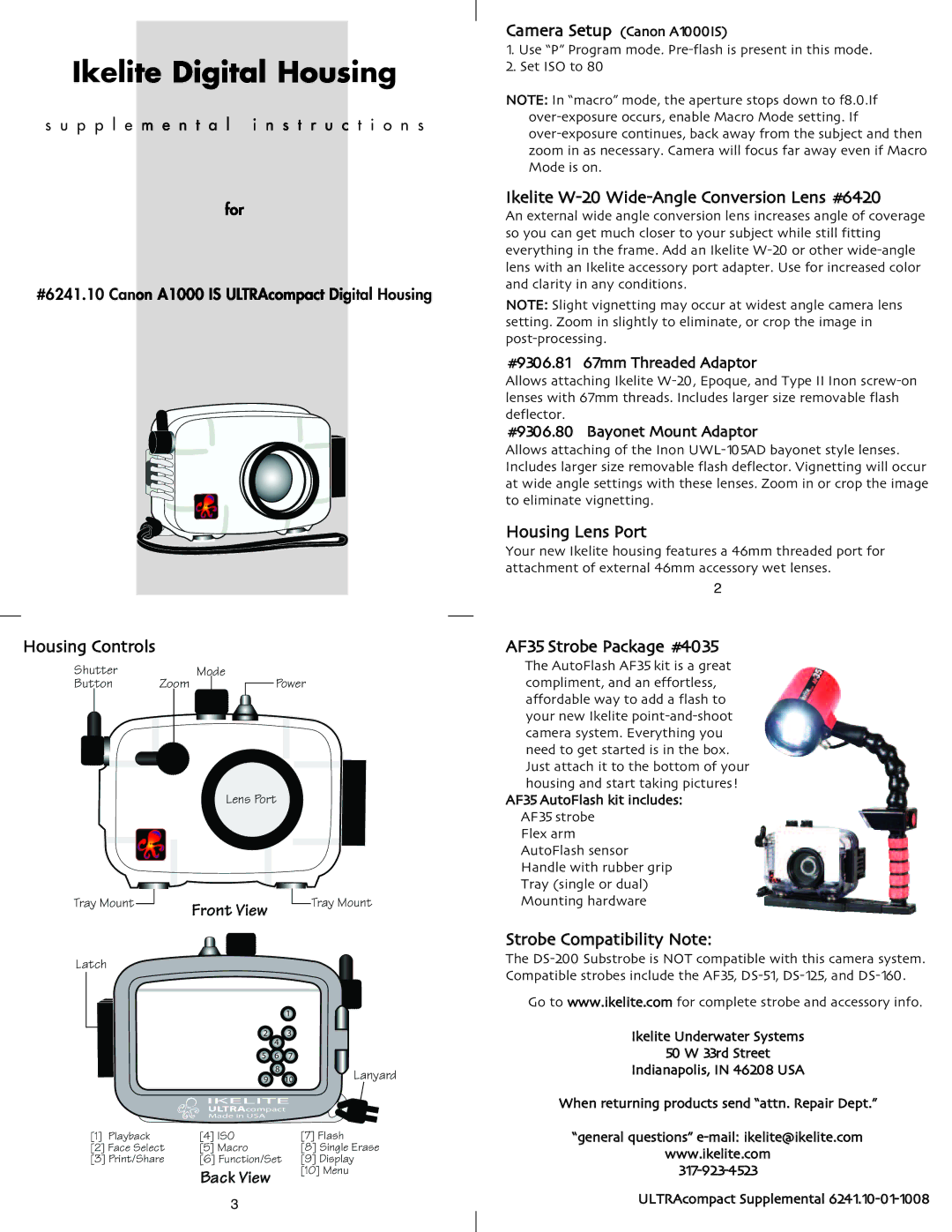 Ikelite W-20, A1000 IS manual Ikelite Digital Housing, Front View 