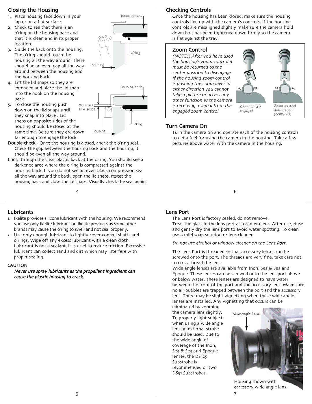 Ikelite A630, A640 instruction manual Closing the Housing, Checking Controls, Lubricants, Zoom Control 