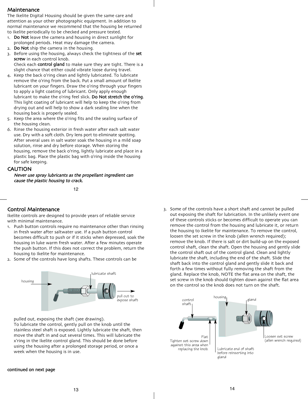 Ikelite A710IS instruction manual Control Maintenance, On next 